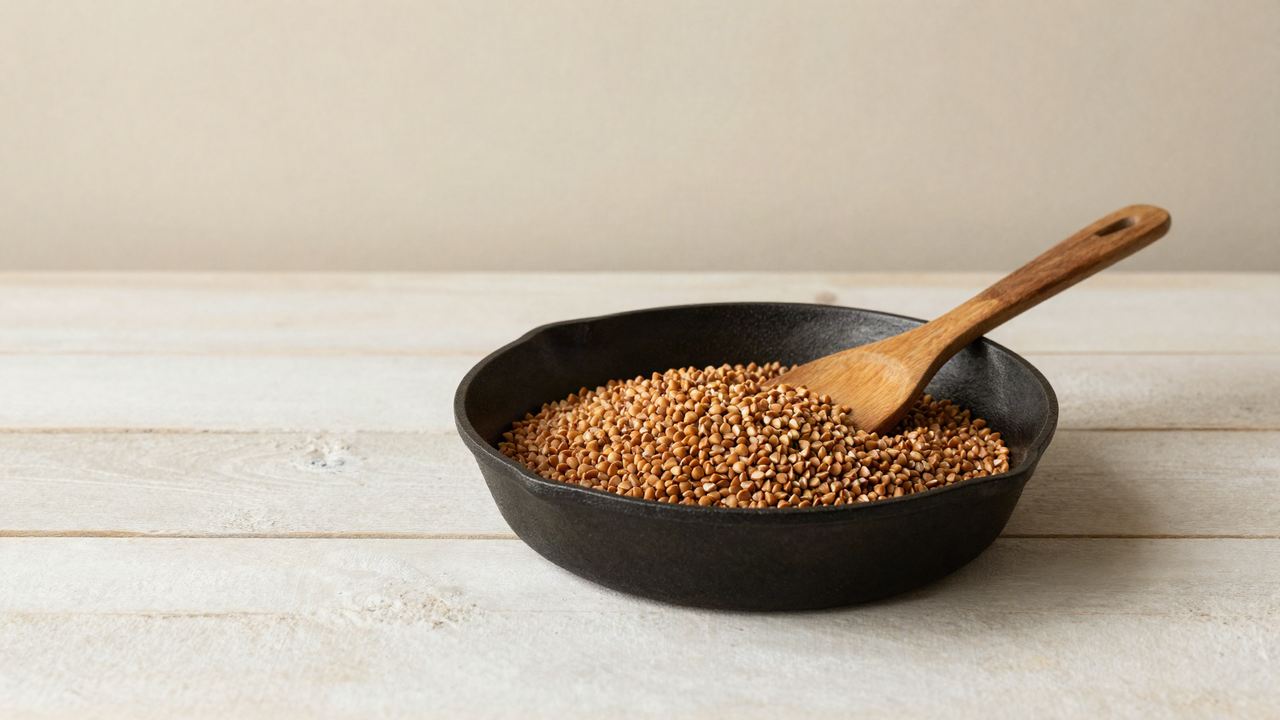 A cast iron skillet of evenly golden toasted buckwheat groats with a wooden spatula on aged wood