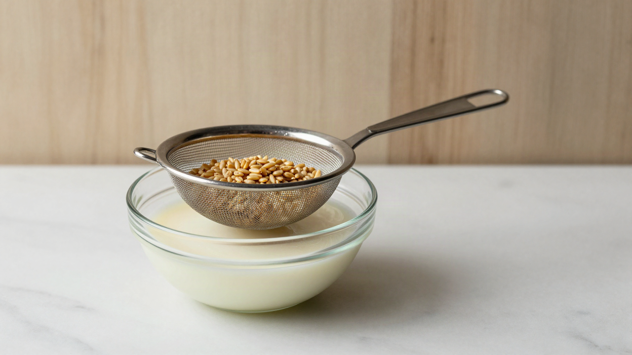 A fine stainless steel sieve over a glass bowl straining warm milk from soaked toasted grains on marble