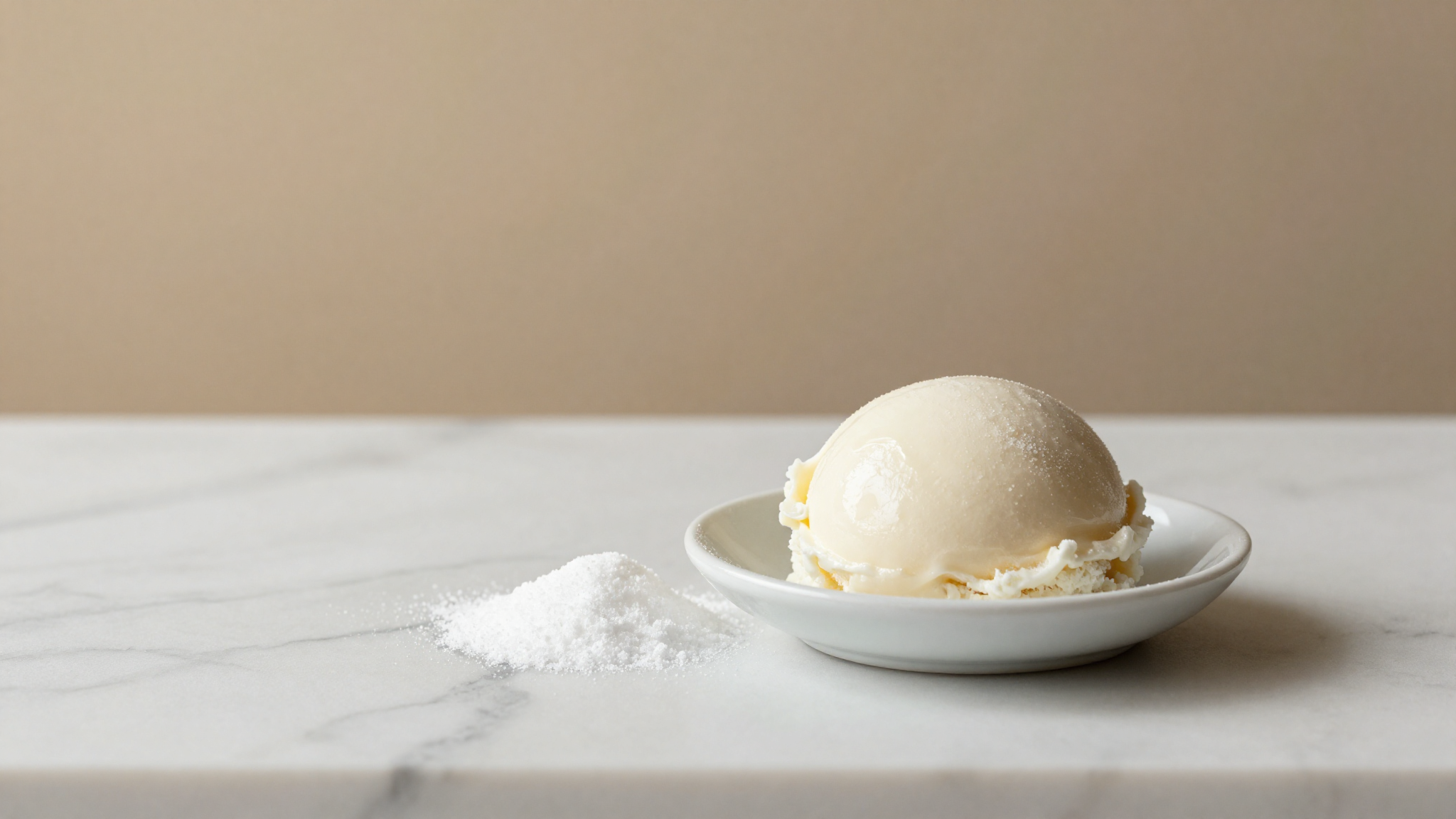 Dish of trehalose sugar powder beside a scoop of white gelato on marble