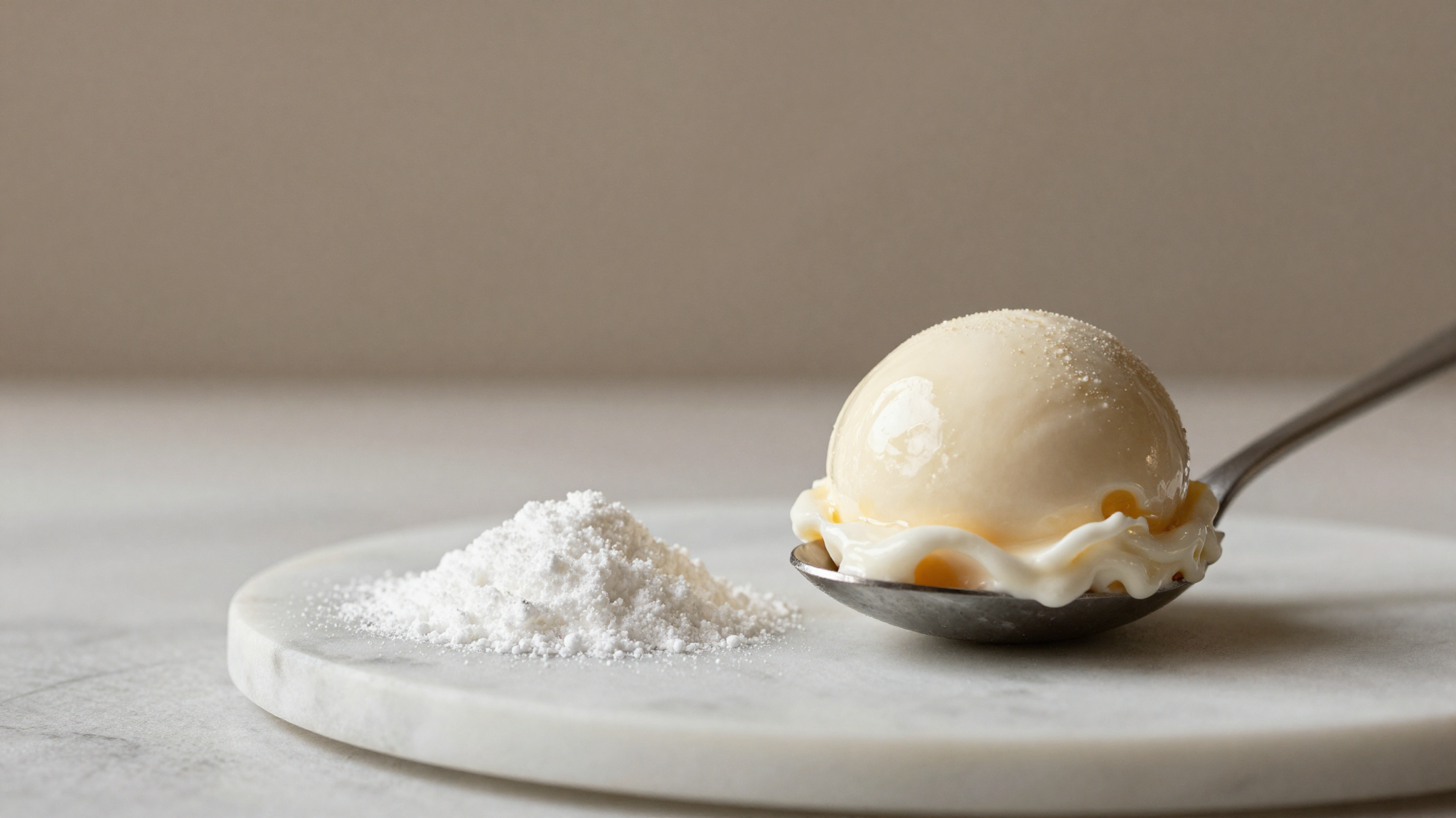 Spoonful of glossy white gelato on marble next to a small dish of trehalose powder