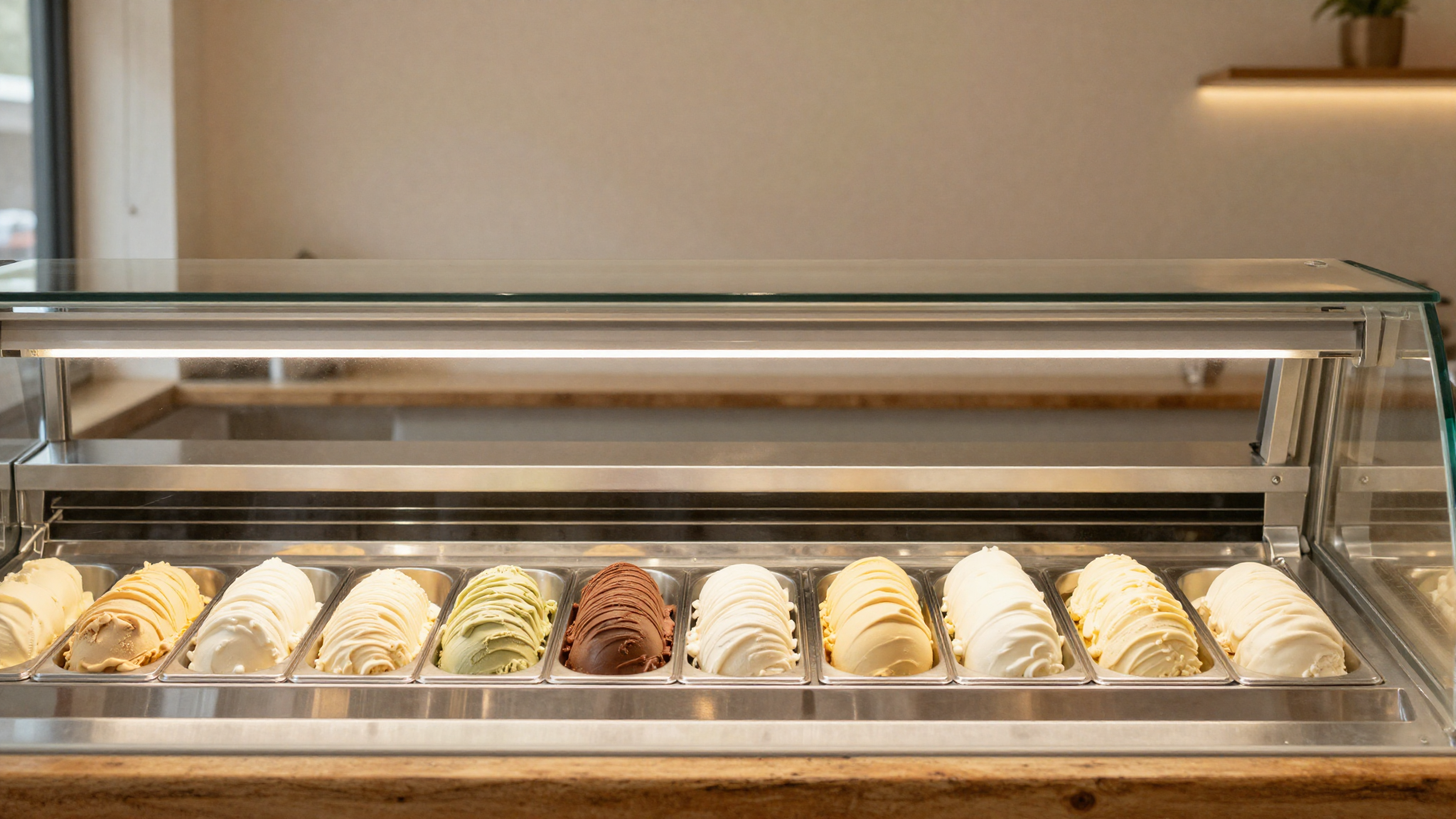 Display case of gelato pans under soft light in a clean lab