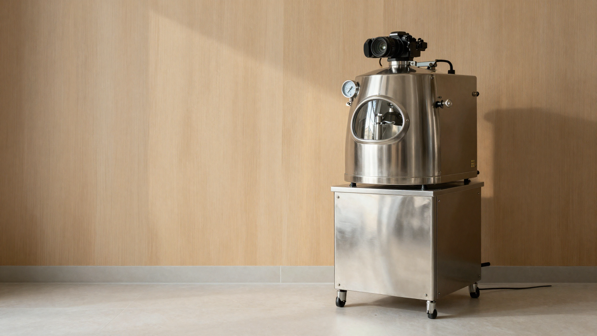 Polished stainless steel vacuum pasteurizer with inspection window and analog gauges in an italian gelato lab