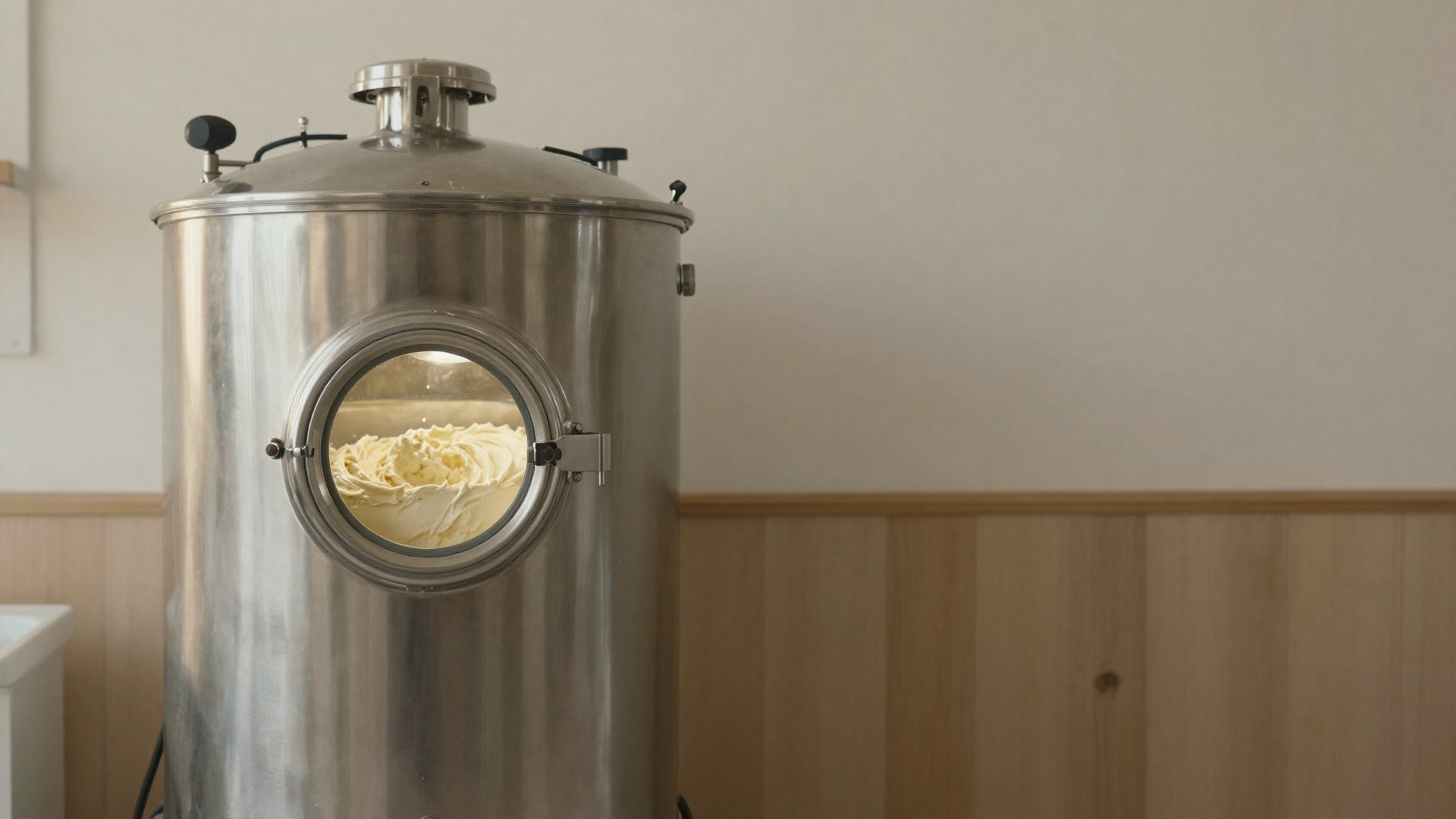 A polished stainless steel vacuum pasteurizer in a gelato lab with the inspection window showing a creamy mix inside