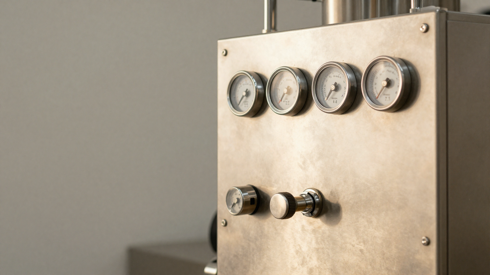 Close-up of polished stainless steel control panel of a gelato lab pasteurizer with analog temperature gauges