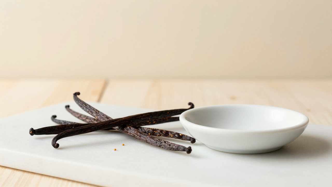 Vanilla beans and split pods with seeds on a white marble surface