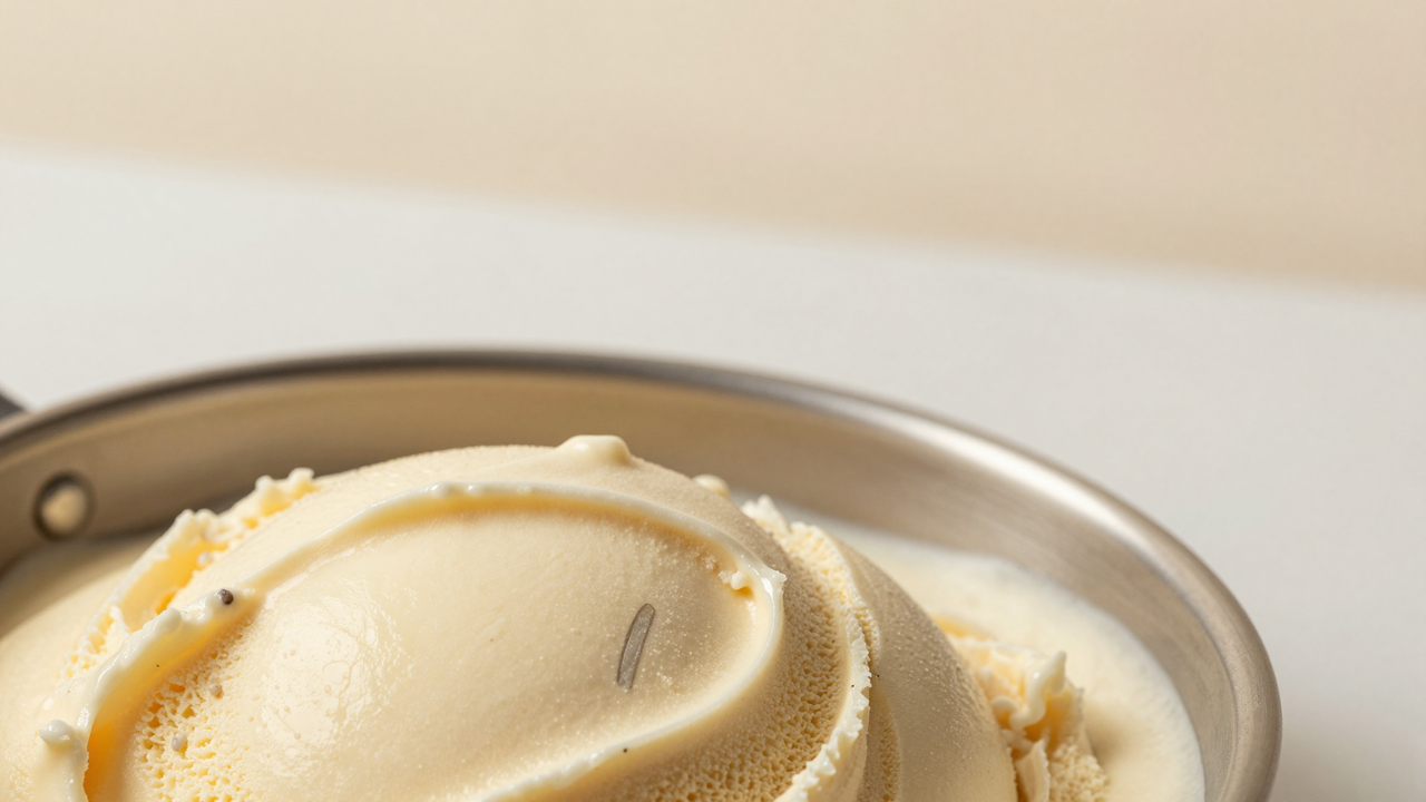 Macro of dense vanilla gelato with visible seed specks freshly churned in a stainless pan