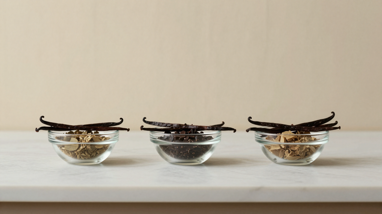 Three glass bowls each holding a different vanilla bean variety on marble