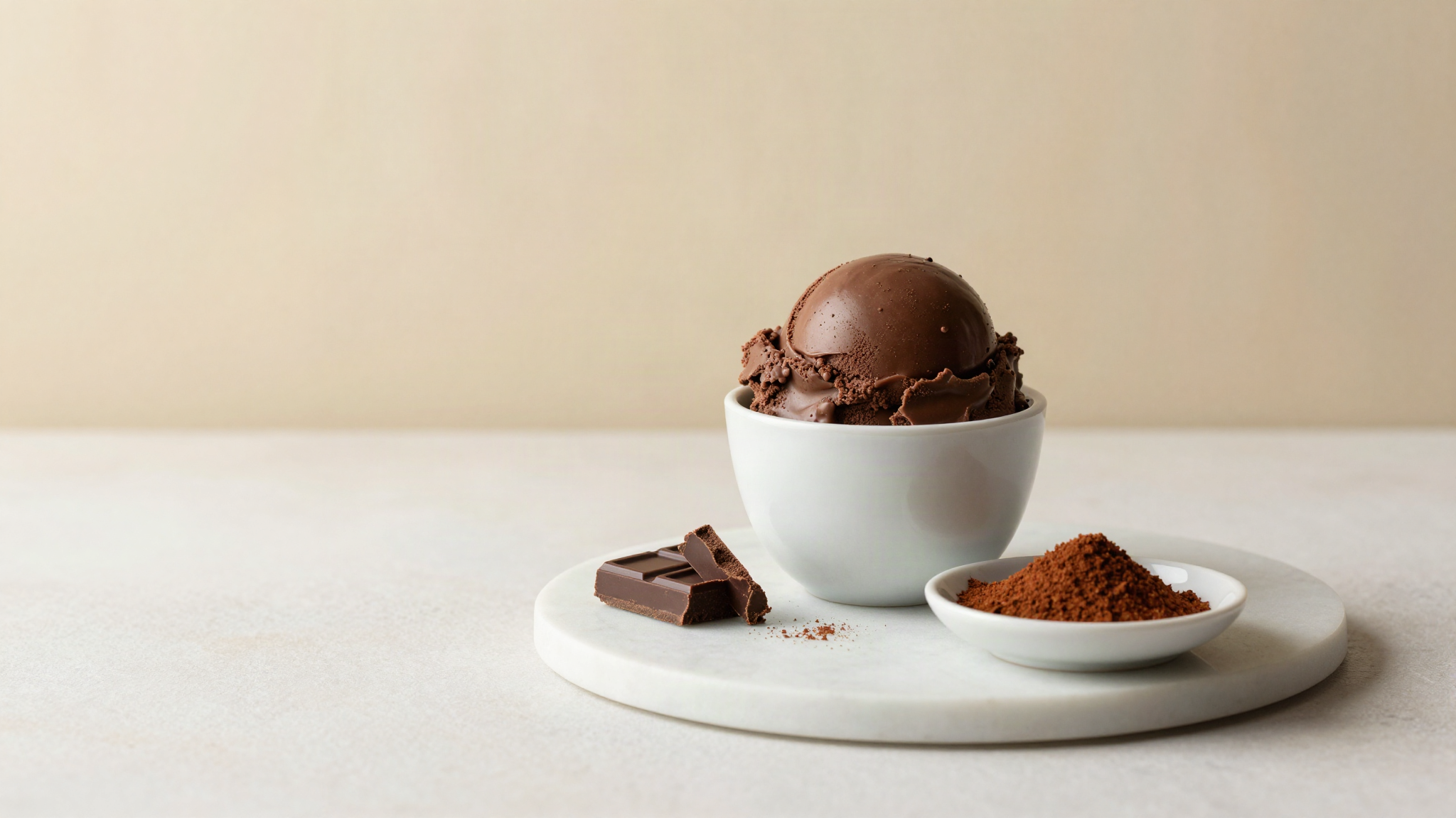 A scoop of glossy dark chocolate gelato in a small white ceramic cup on a marble counter, beside a broken square of dark chocolate and a small dish of cocoa powder