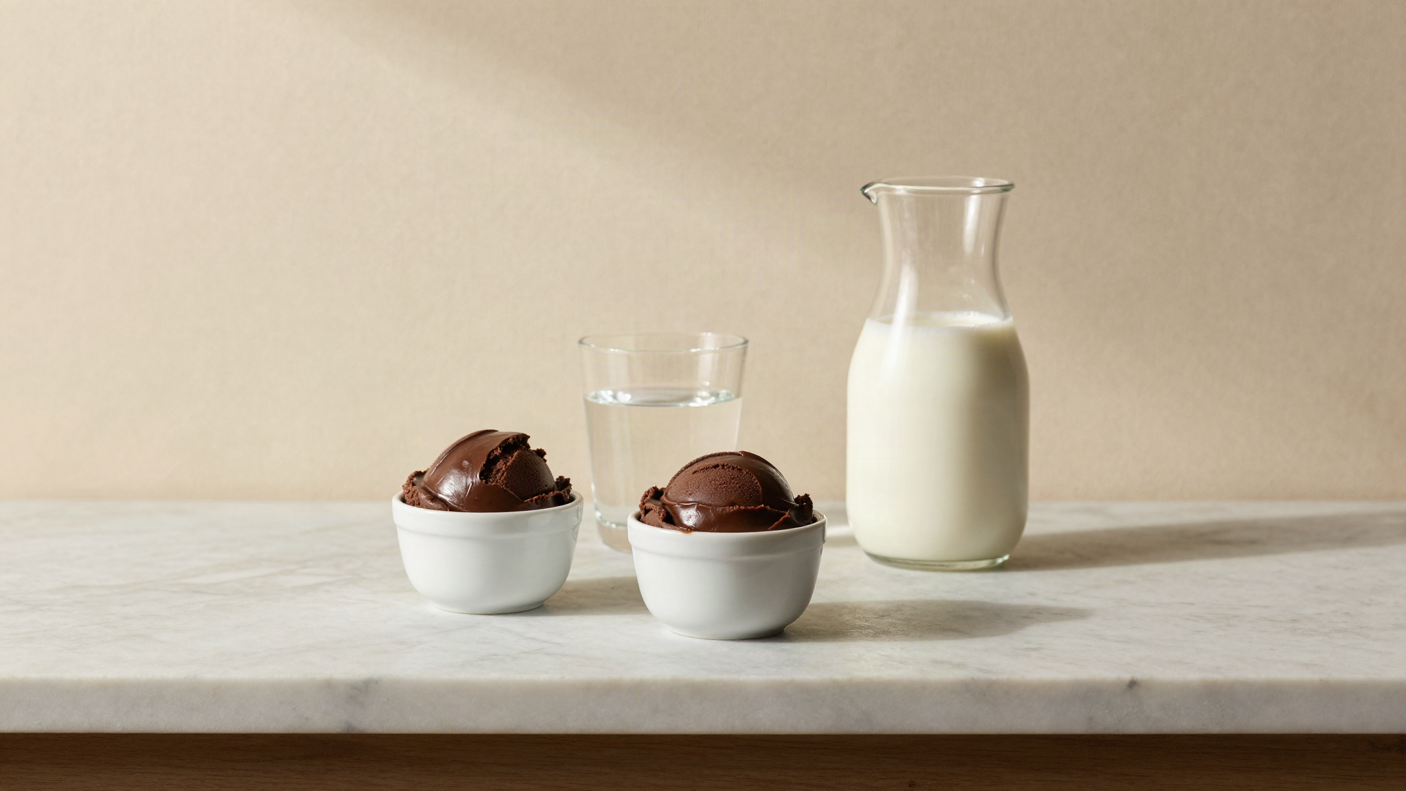 Two small white ceramic cups of dark chocolate gelato on a marble counter, one slightly glossier and denser than the other, with a jug of plant milk and a glass of water behind them