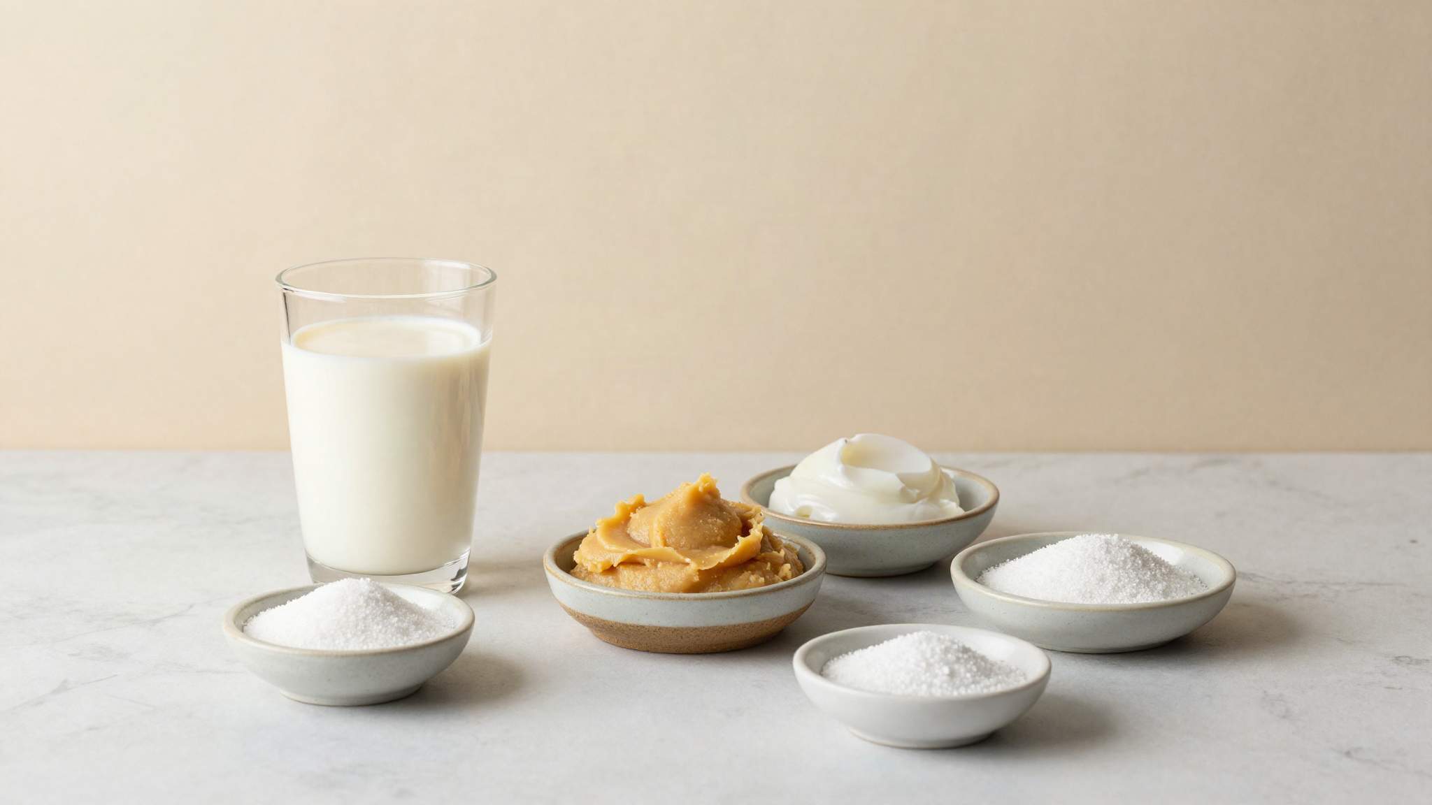 Weighed vegan base ingredients in small ceramic dishes on marble: soy milk, cashew paste, white coconut oil, sugars and gums