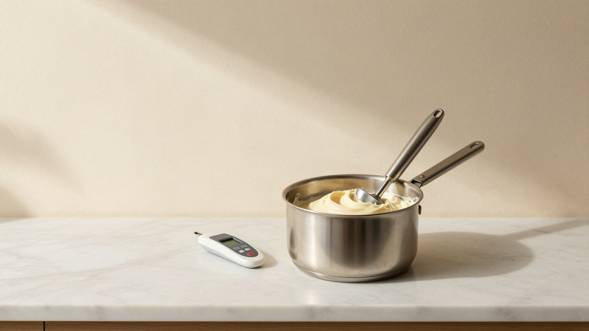 A stainless saucepan of pale vegan gelato base being blended with an immersion blender beside a probe thermometer