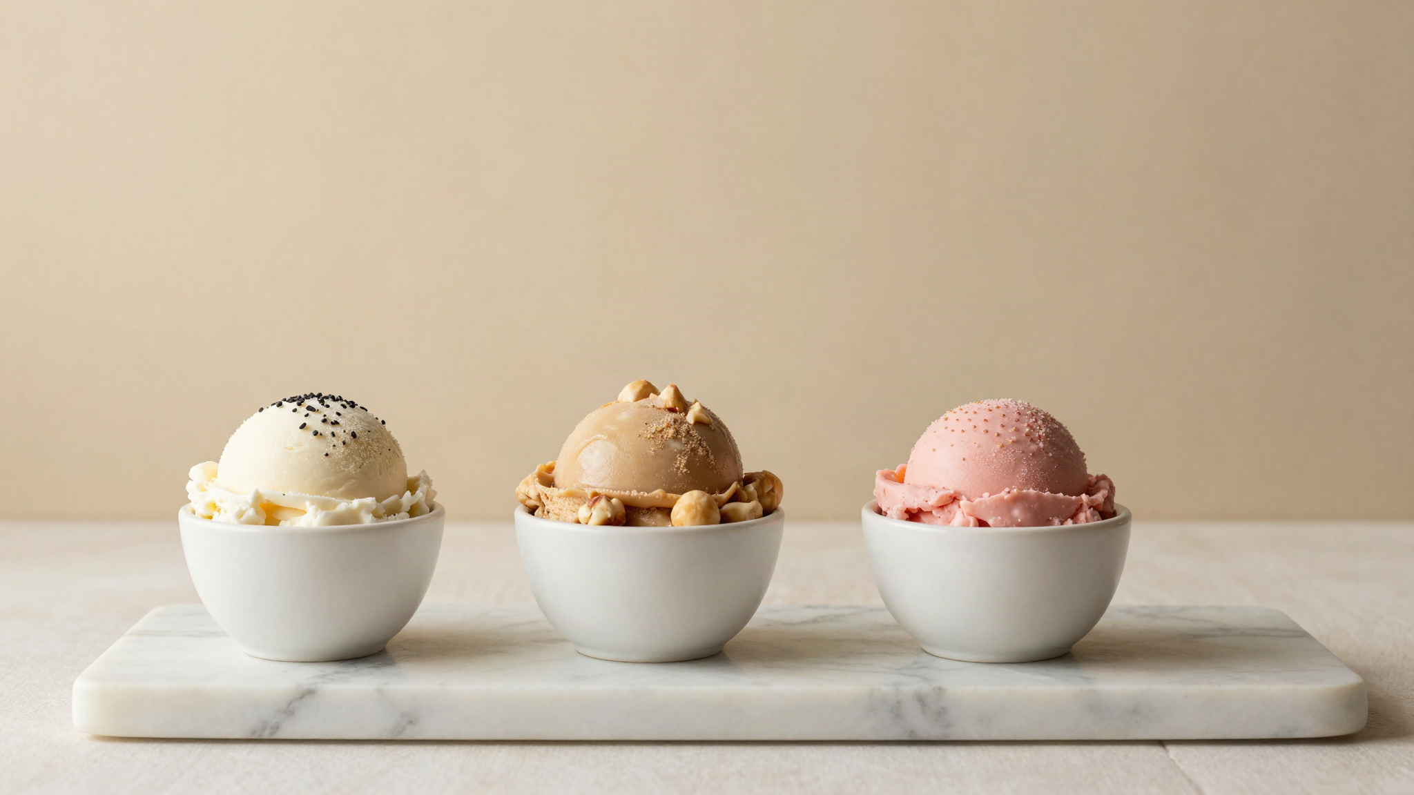 Three small cups of vegan gelato made from one white base: vanilla flecked with seeds, hazelnut and strawberry