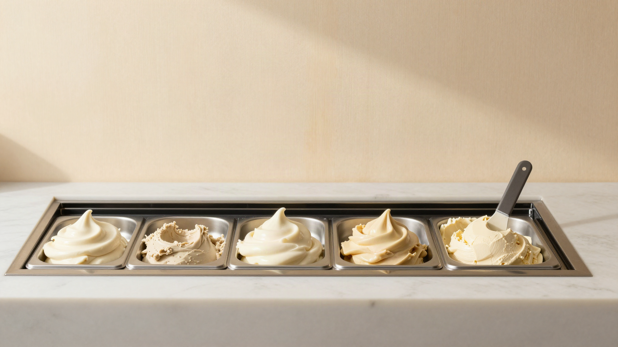 A full steel pan of smooth ivory vegan gelato base in a clean gelateria display case