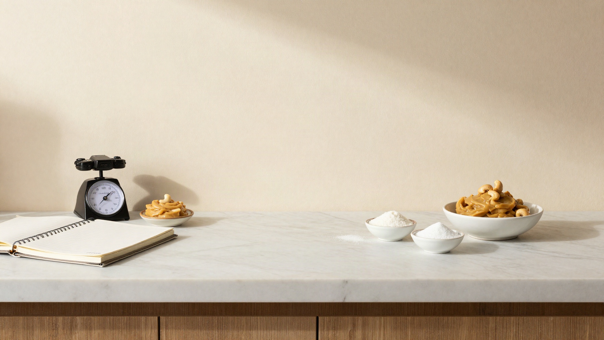 A marble counter seen from above with a notebook, a small scale and ceramic dishes of cashew paste, coconut milk, sugar and inulin