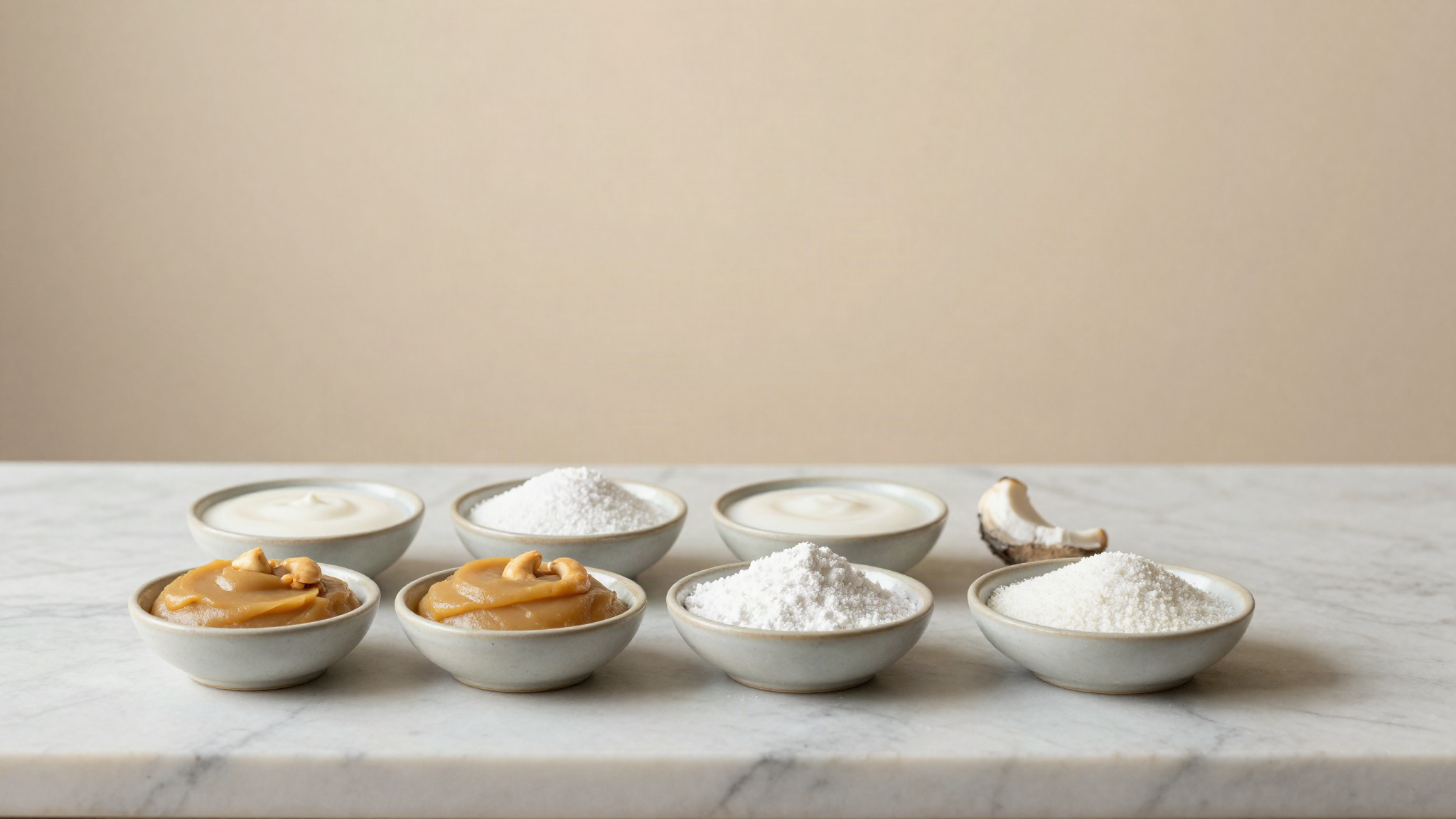 Small ceramic dishes of cashew paste, coconut milk, white sugar and inulin powder weighed out on a marble counter