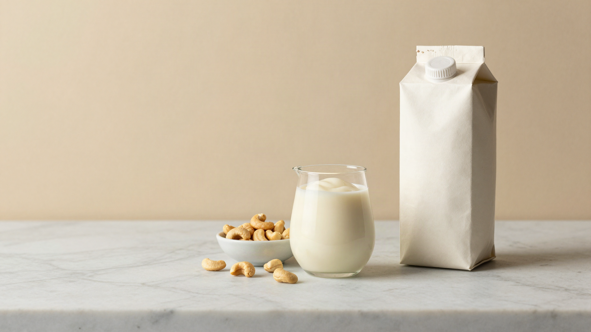 A small glass jug of smooth white plant based gelato base beside a bowl of cashews and a carton of coconut milk on a marble counter