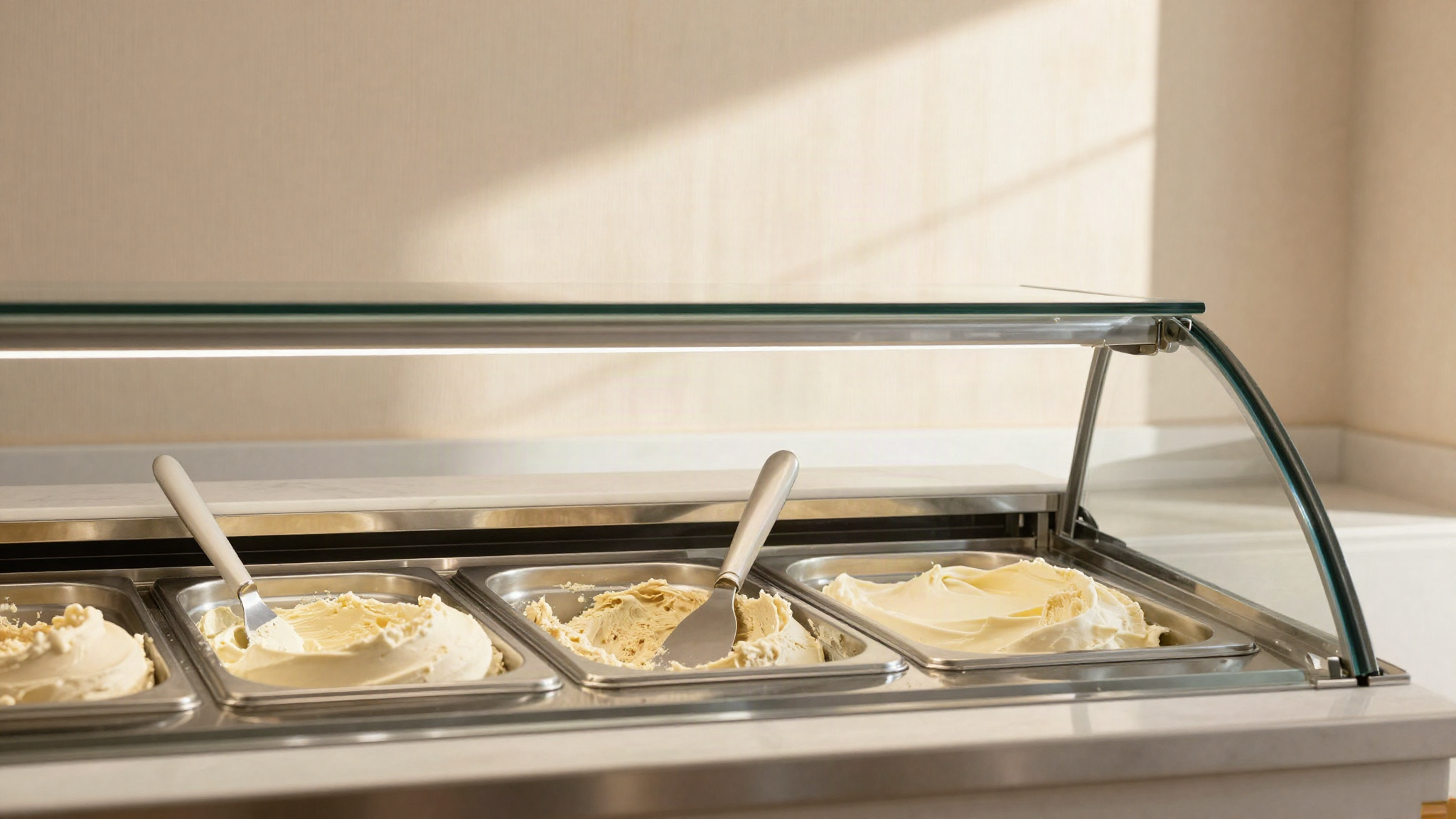 A stainless steel gelato pan of smooth ivory vegan gelato with a clean spatula sweep, inside a curved glass display case in an Italian gelato lab
