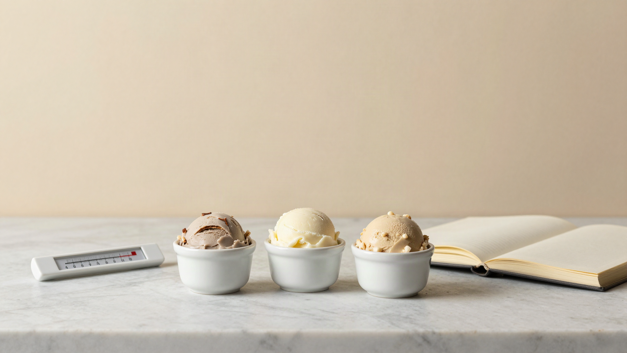 Small white ceramic cups of coconut, nut and oat based vegan gelato on a marble counter beside a probe thermometer and an open notebook