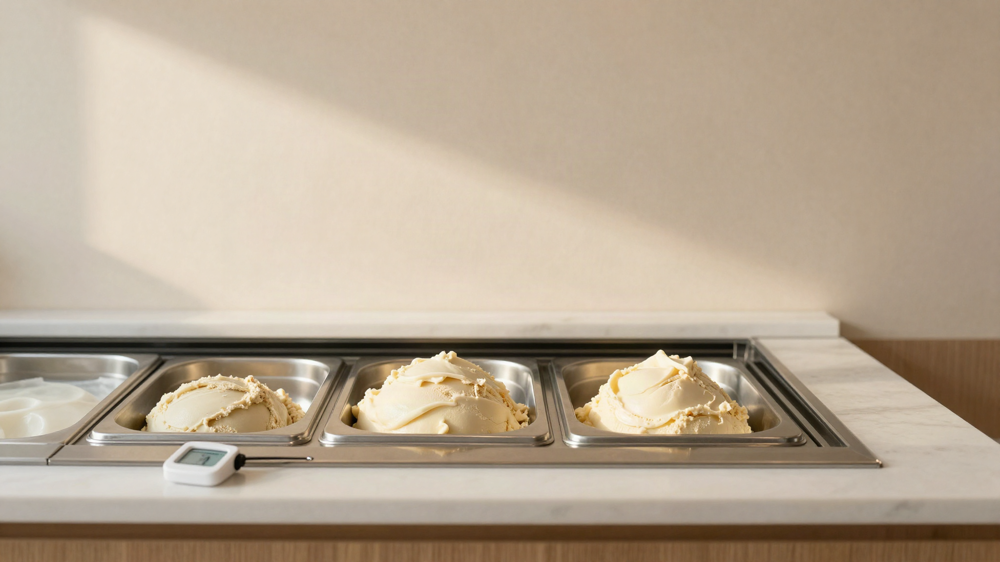 Three stainless steel pans of pale vegan gelato side by side in a display case, each with a small probe thermometer resting beside it on the counter