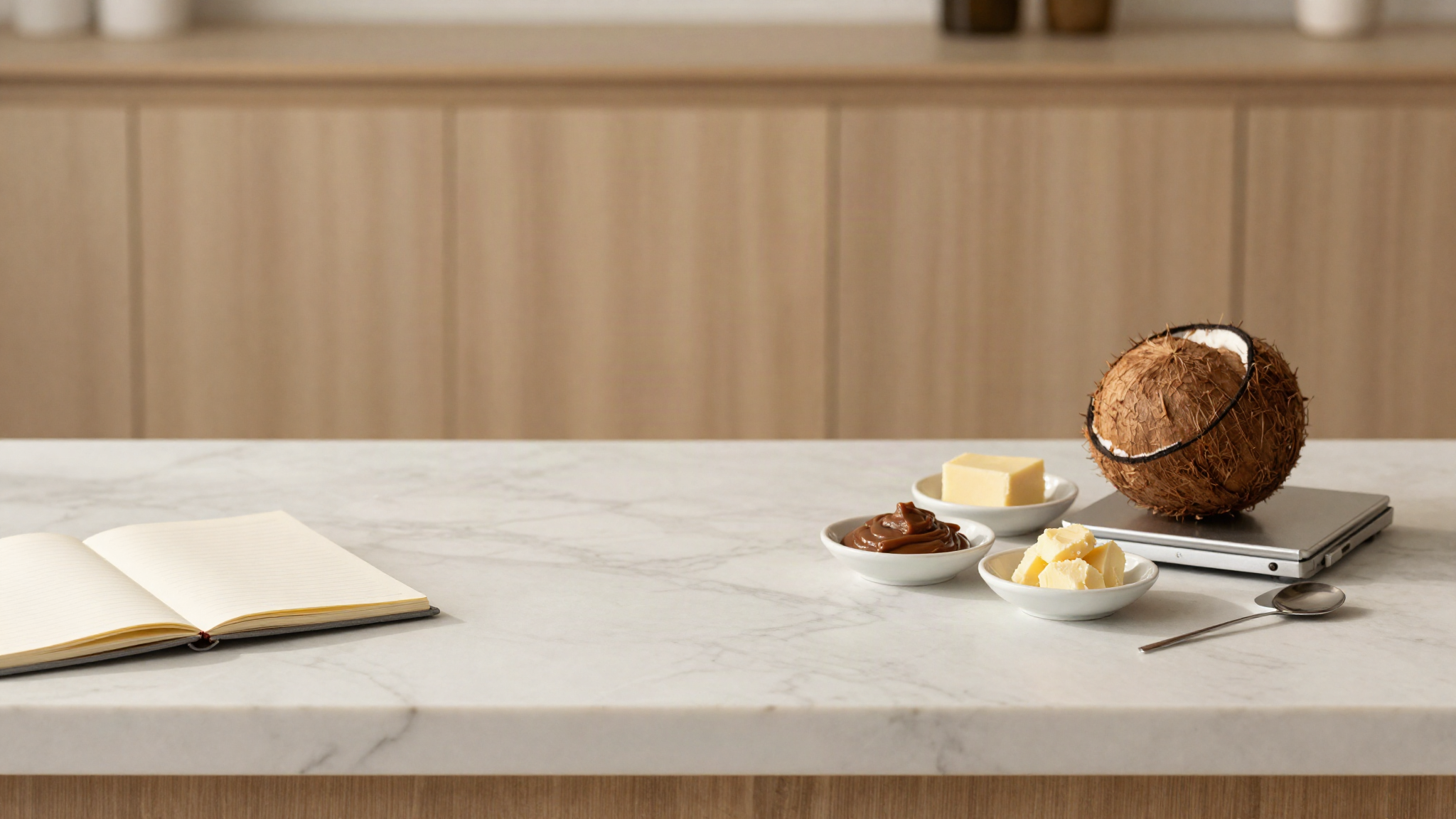 Marble counter seen from above with a notebook, a digital scale and ceramic dishes of coconut fat, cocoa butter and nut paste