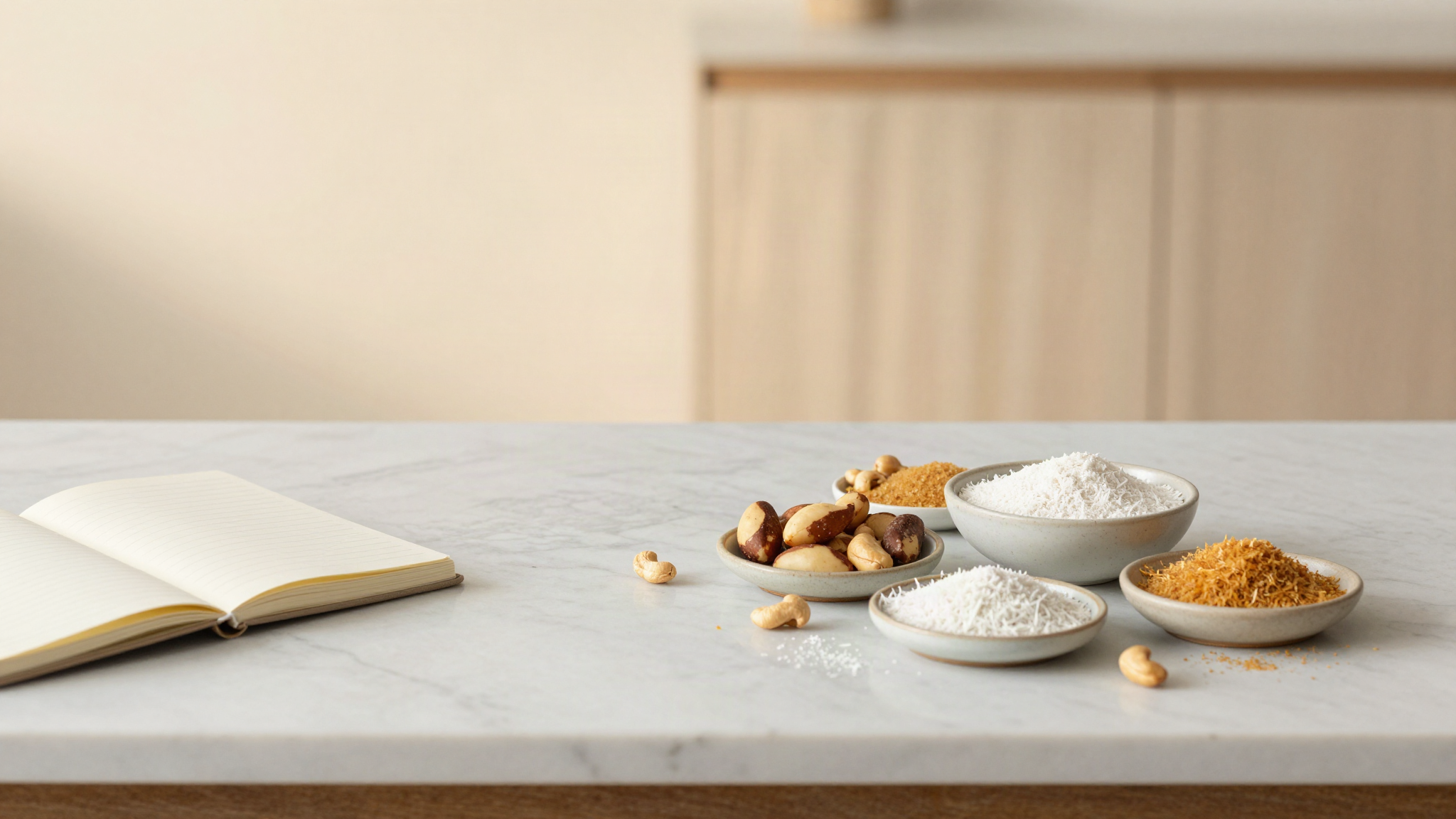 A marble counter top seen from above with small ceramic bowls of cashews, Brazil nuts, shredded coconut, cassava starch and golden cane sugar beside a notebook and a small scale