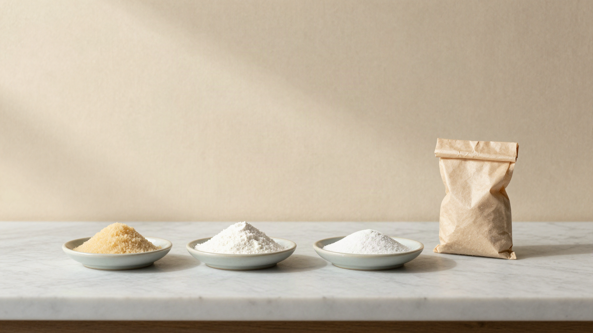 Small ceramic dishes of pale guar gum, locust bean gum and inulin powders beside a bag of cassava starch on a marble counter