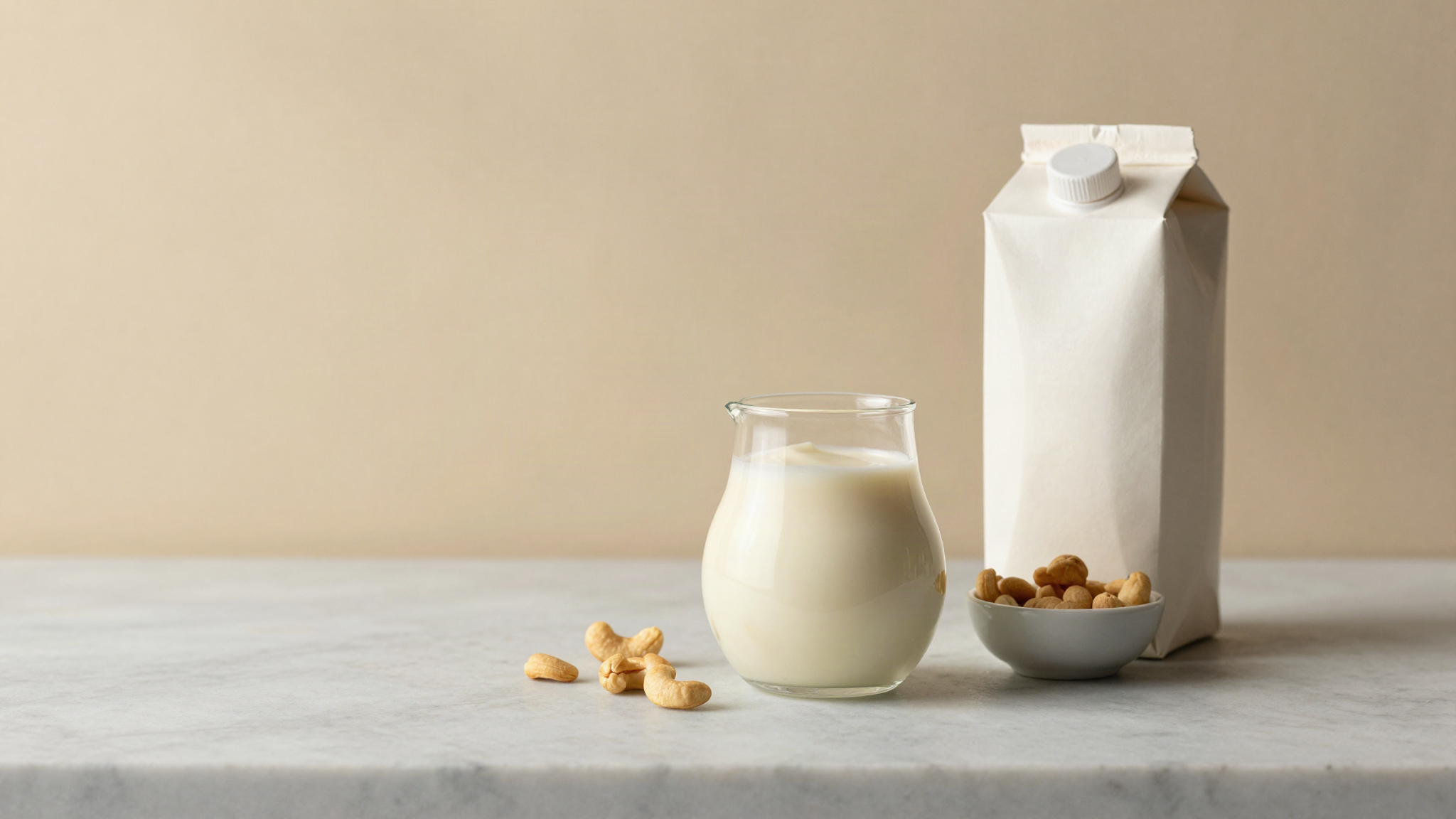 A small glass jug of smooth white vegan gelato base beside a bowl of cashews and an opened carton of coconut milk on a marble counter