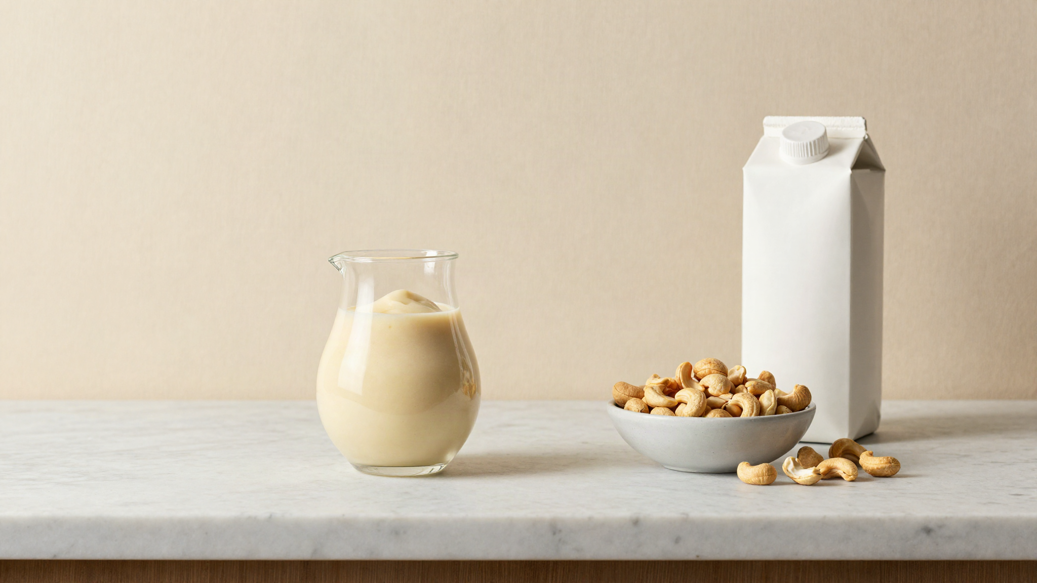 A small glass jug of pale oat and cashew gelato base next to a bowl of cashews and an unbranded carton on marble