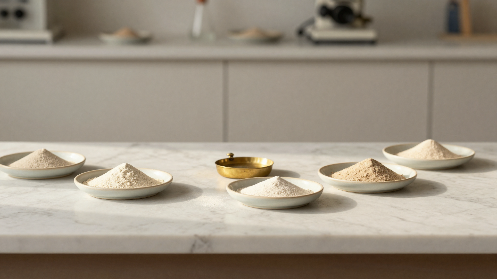Small ceramic dishes of pale stabilizer gum powders on a marble gelato lab bench