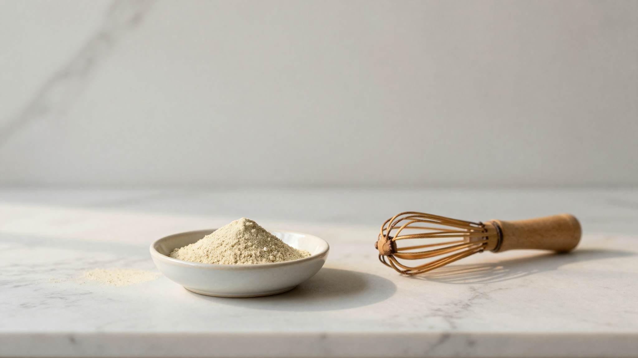 Guar and locust bean gum powders in small dishes beside a whisk on marble