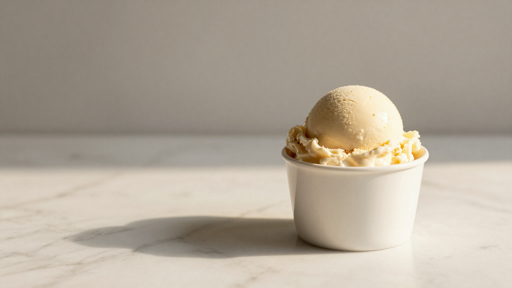 A smooth churned vegan gelato scoop in a white ceramic cup on marble