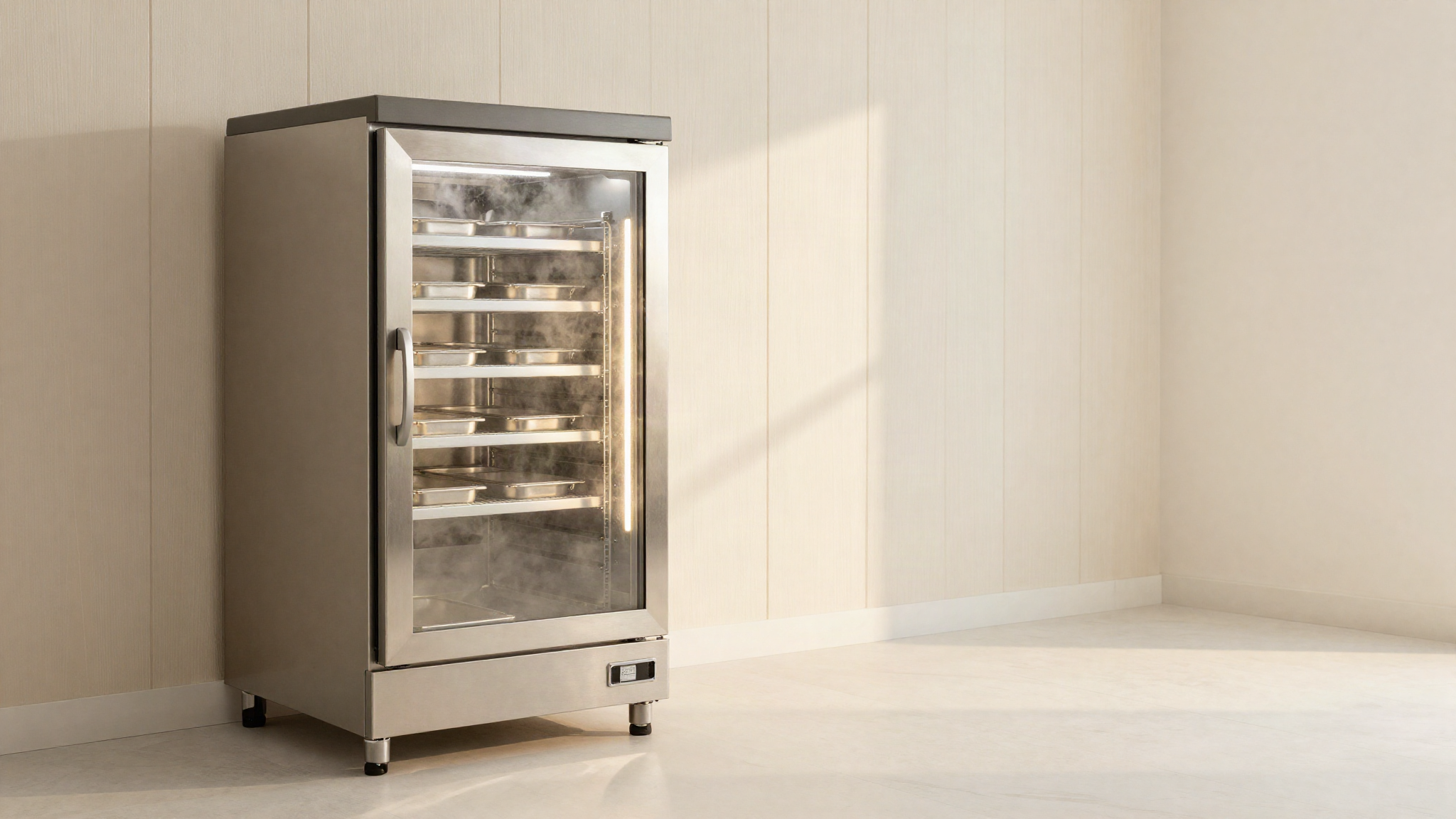Insulated walk-in freezer door standing ajar in a clean Italian gelato lab, cold vapour spilling over stacked stainless pans