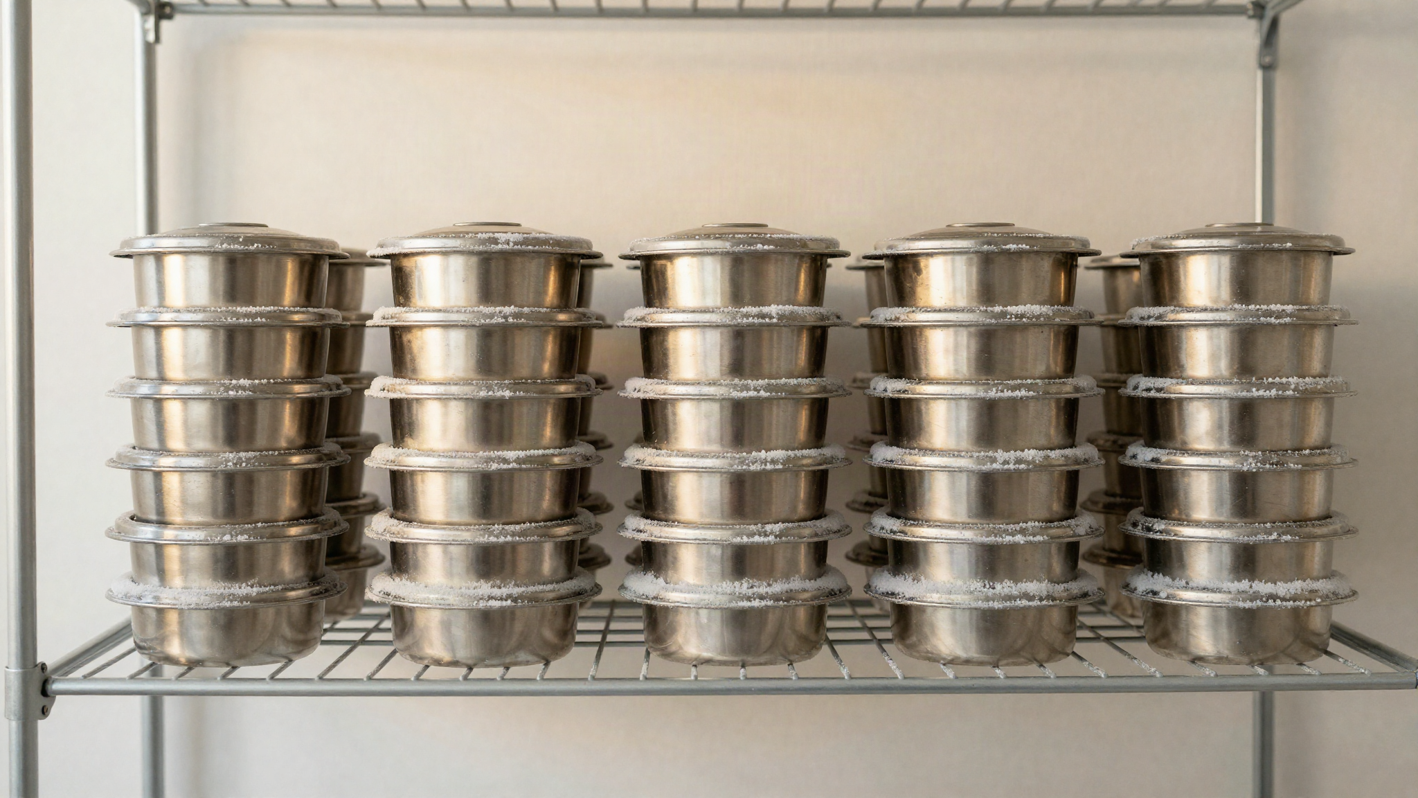 Stacked stainless gelato pans with lids on wire shelving inside a cold storage room
