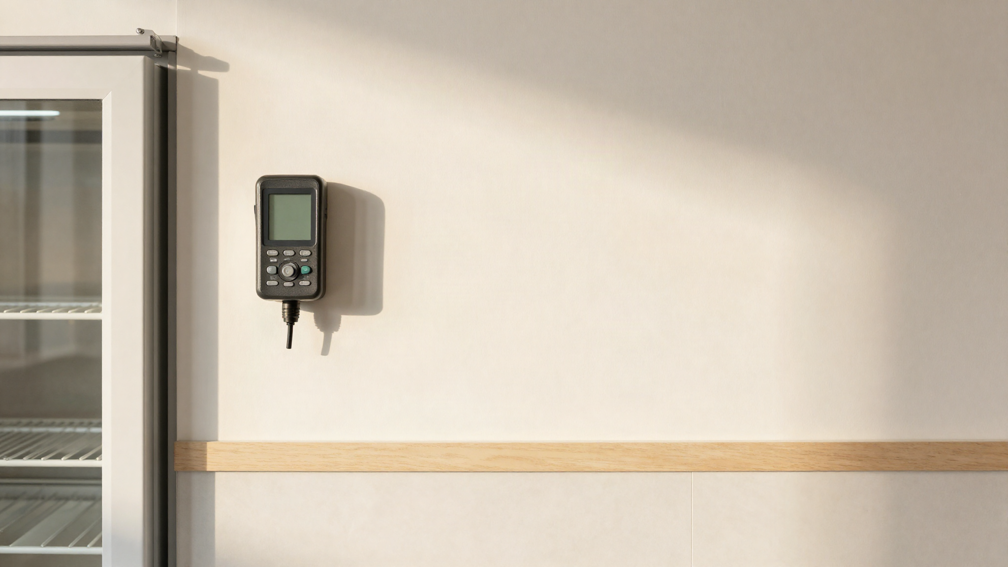 Wall mounted digital temperature logger beside the heavy freezer door in a gelato lab