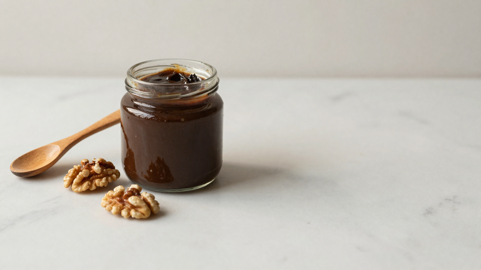 Open jar of dark walnut paste with a wooden spoon beside shelled walnut halves on marble