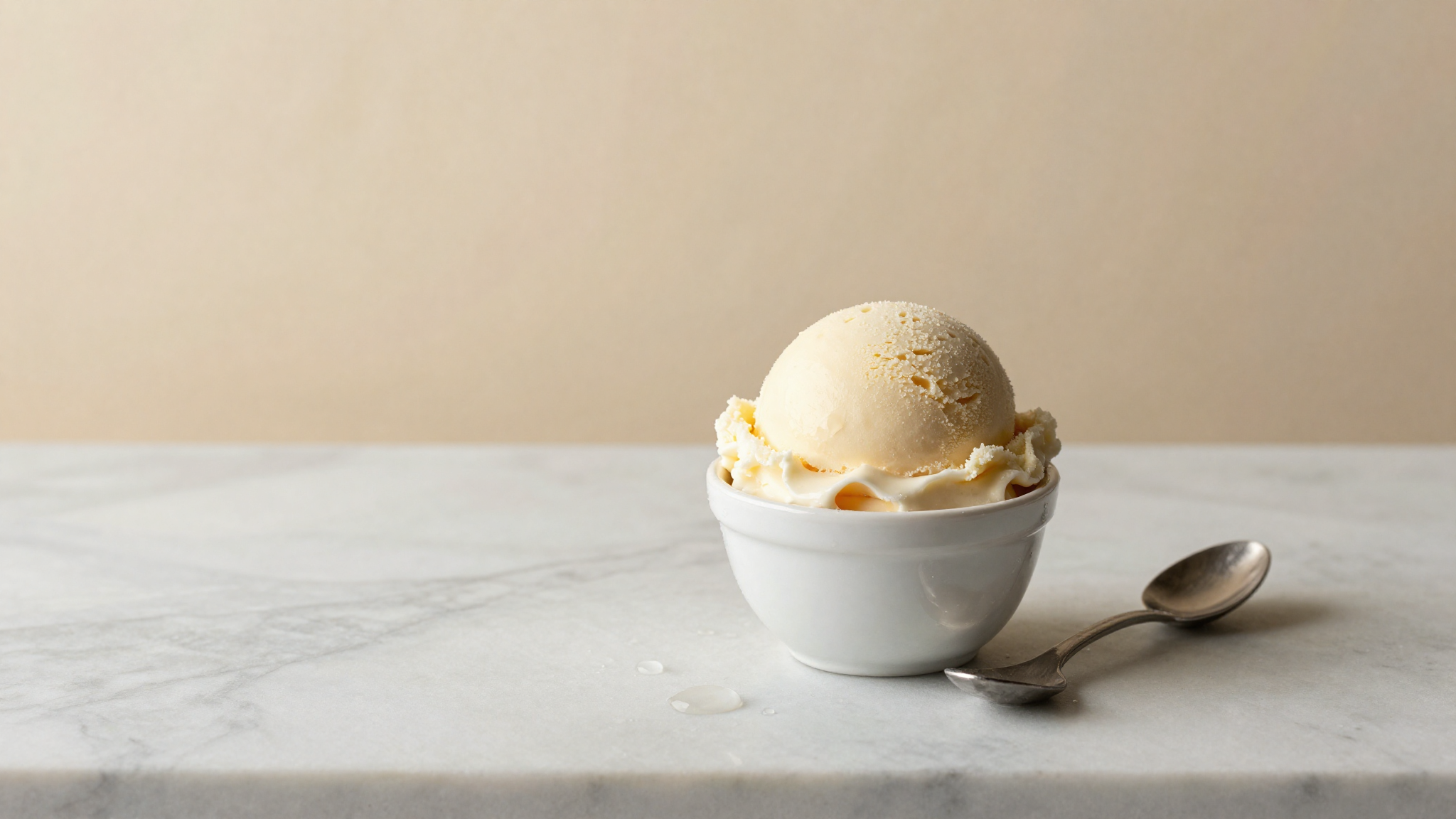 A scoop of pale gelato in a ceramic cup on marble with water droplets and a frosted spoon
