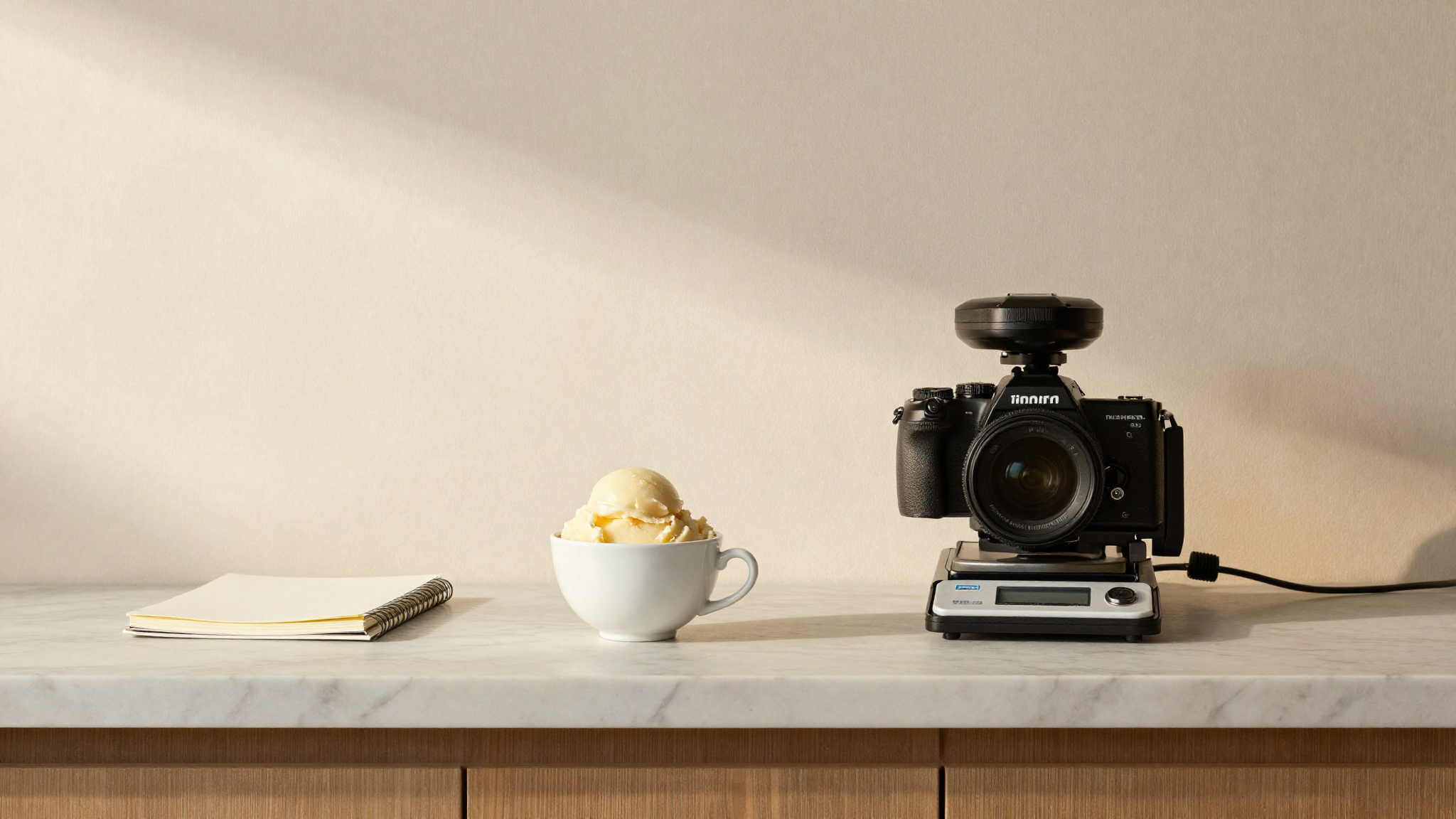 A cup of pale gelato beside a notebook and a small precision scale on marble