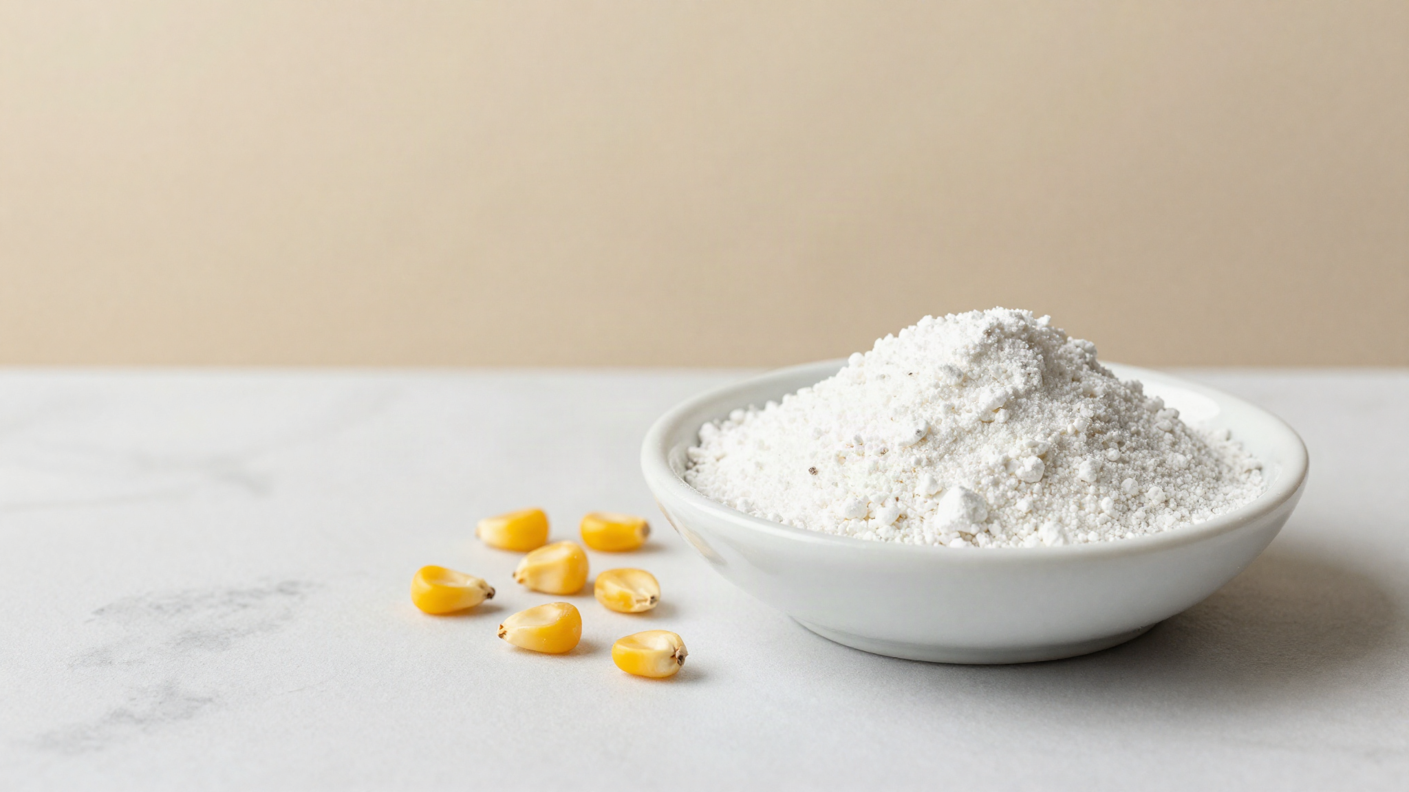 Fine white waxy maize starch in a small ceramic dish beside dried corn kernels on a marble surface