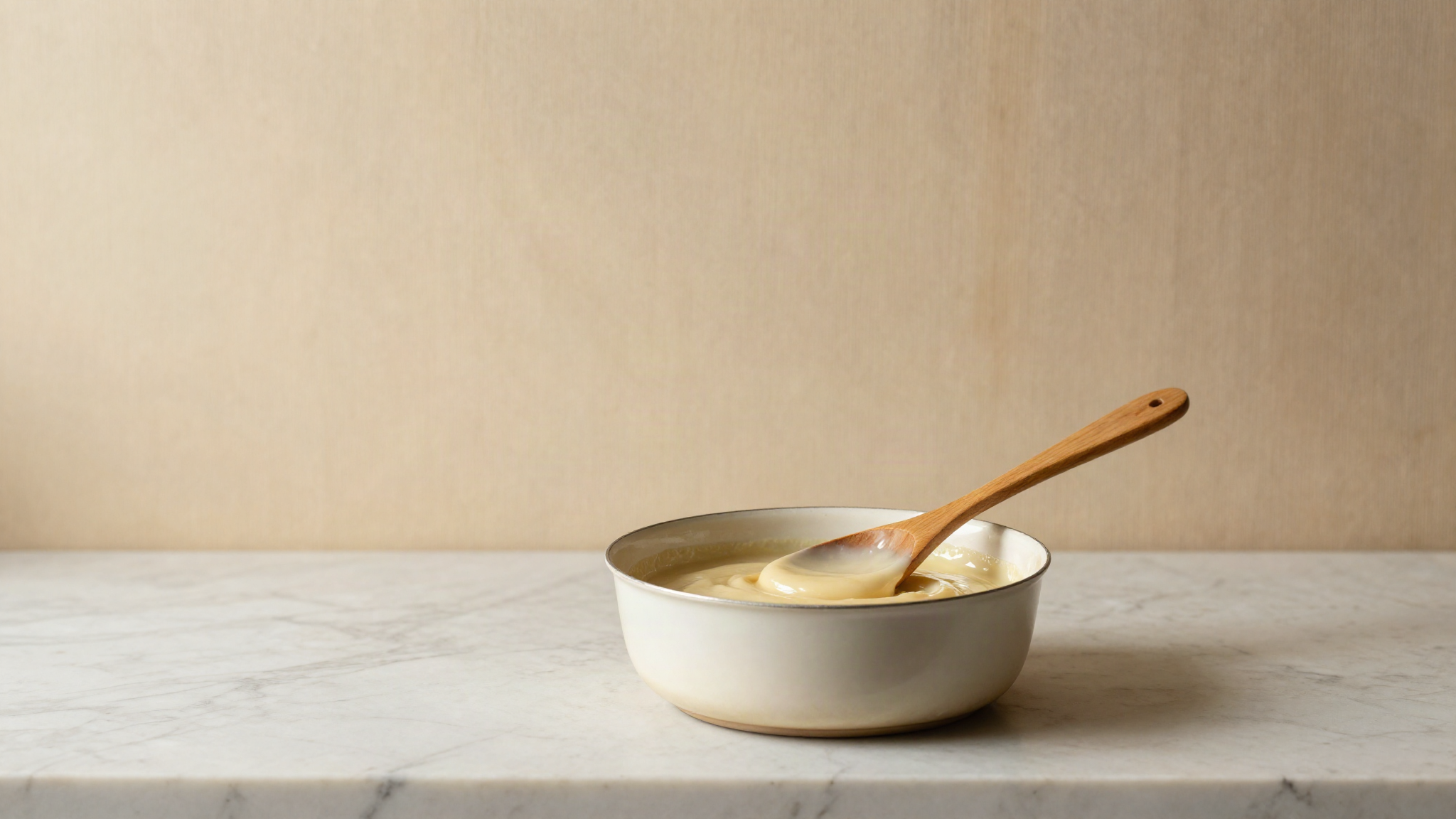 A thick glossy starch slurry being heated in a small saucepan with a wooden spoon