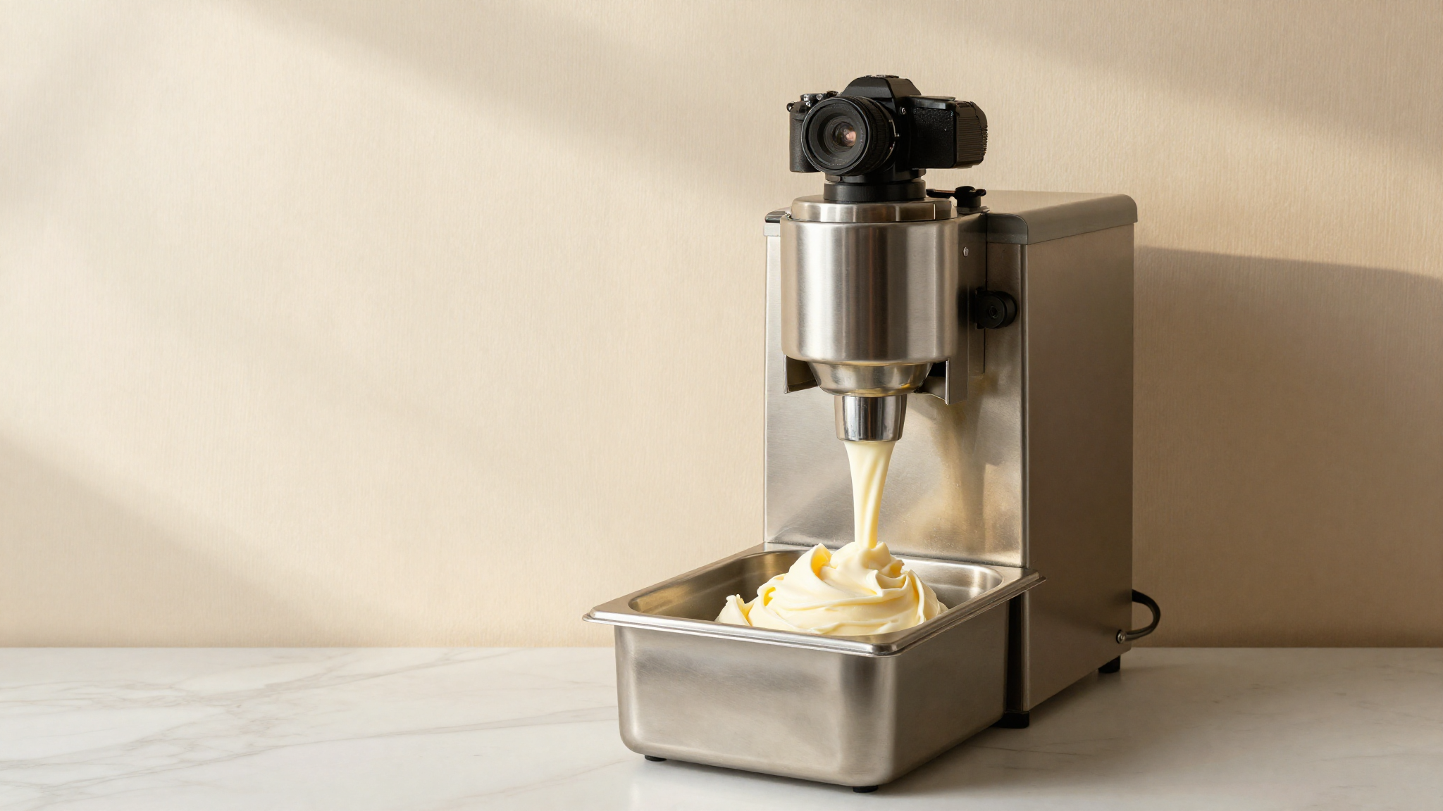 Lead photo — batch freezer producing creamy gelato emerging from the spout