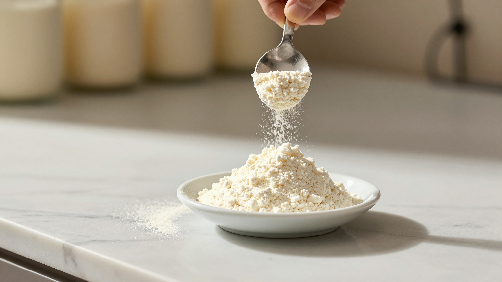 Marble counter with skim milk powder being scooped from a small dish, italian lab close-up