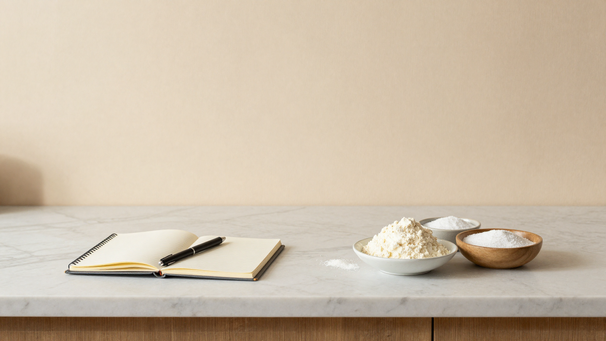 Marble counter with notebook, scale and ceramic dishes of milk powder and sugar for PAC calculation