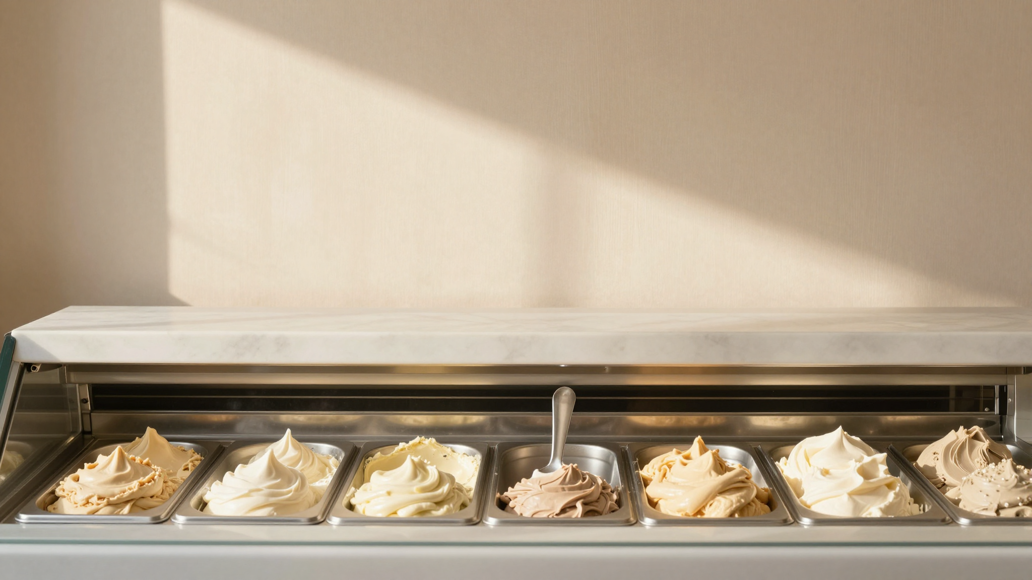 Italian gelato display case with multiple flavor pans showing balanced cabinet