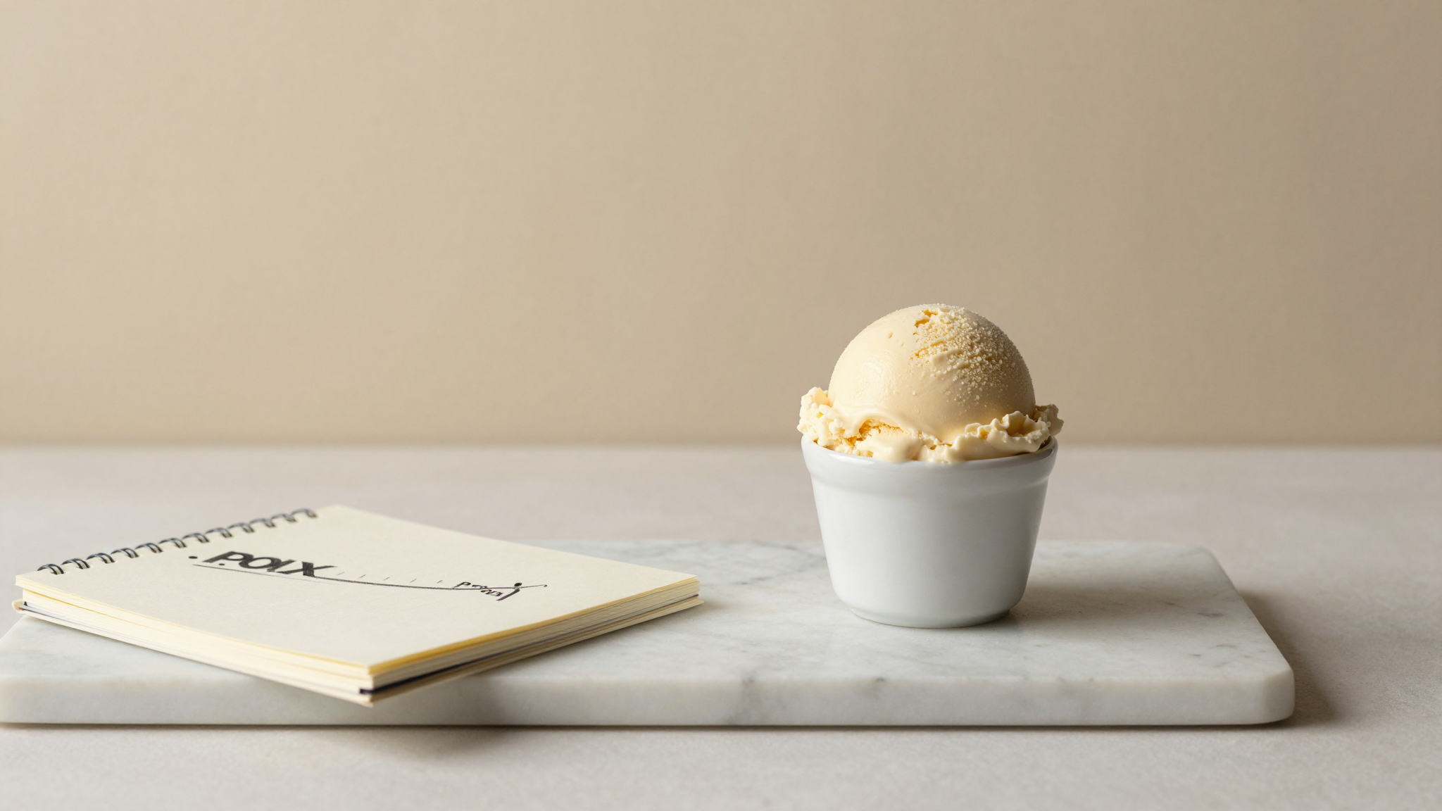 A freshly drawn scoop of italian gelato in a small white ceramic cup on marble next to a notebook with a brix curve sketched