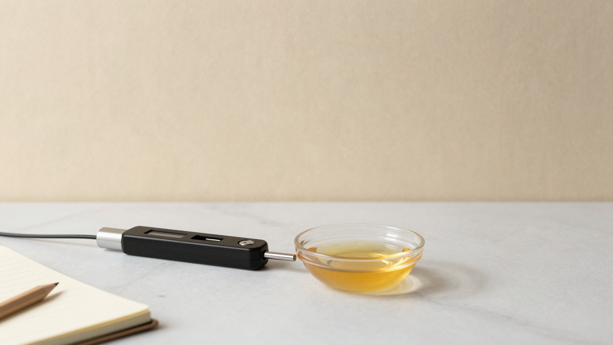 A scoop of italian gelato in a small ceramic cup beside a notebook with a brix scale curve — measuring sweetness