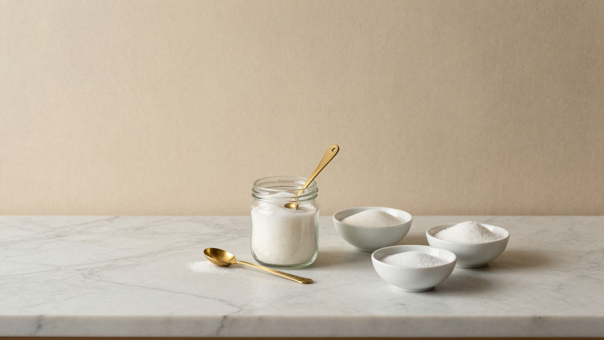 A small open jar of caster sugar with a brass spoon and three small bowls of dextrose, maltodextrin and inverted sugar nearby