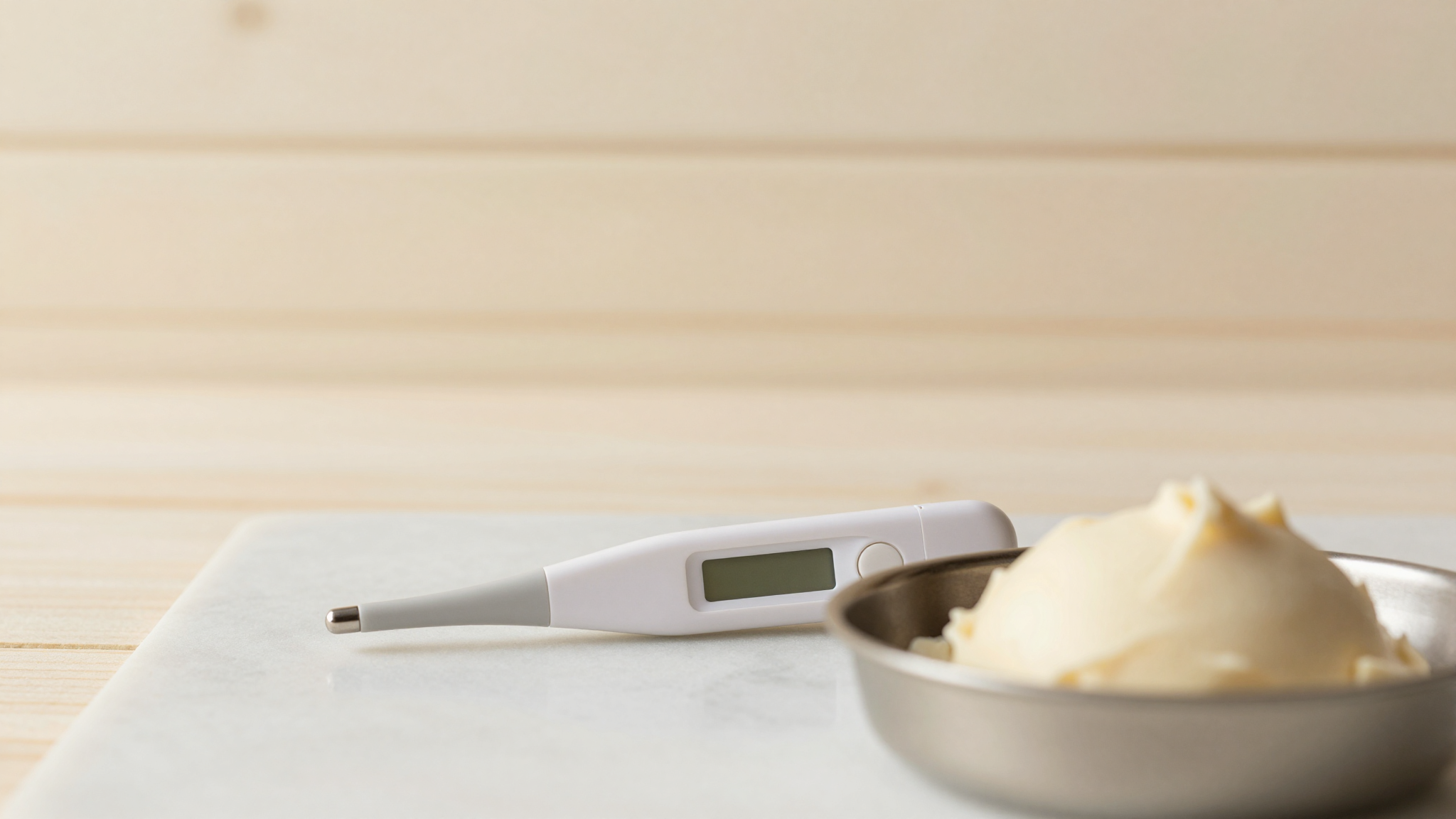 Slim digital probe thermometer in a stainless pan of italian gelato editorial close up
