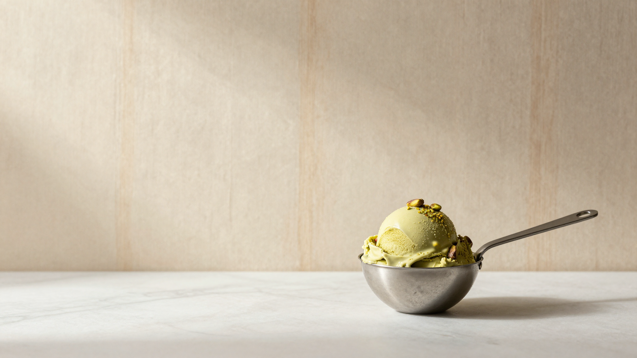 Small scoop of italian pistachio gelato being drawn from a metal pozzetto with spade
