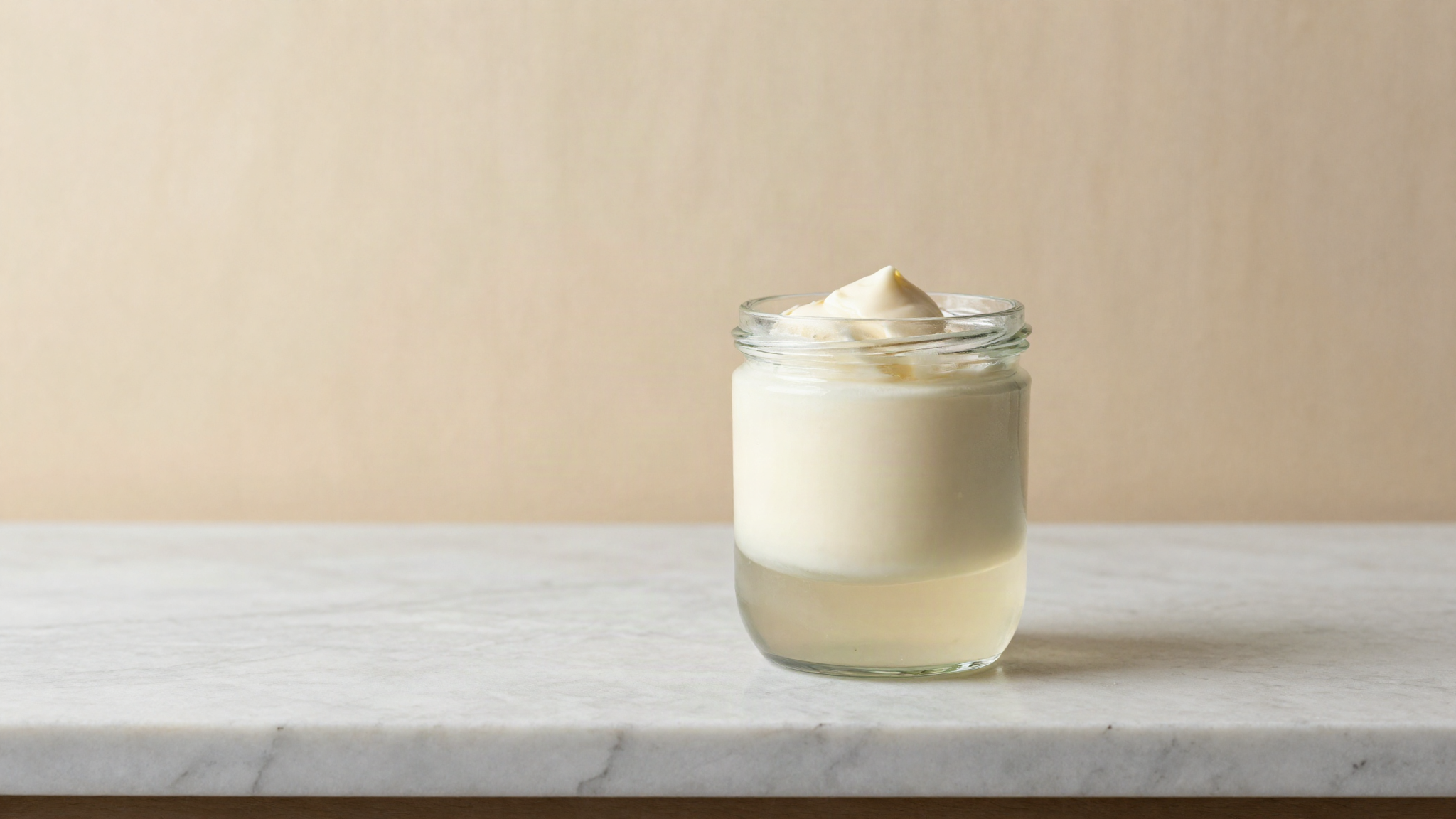 A small glass jar of aged gelato mix on marble showing a thin clear liquid layer at the bottom under the creamy mix