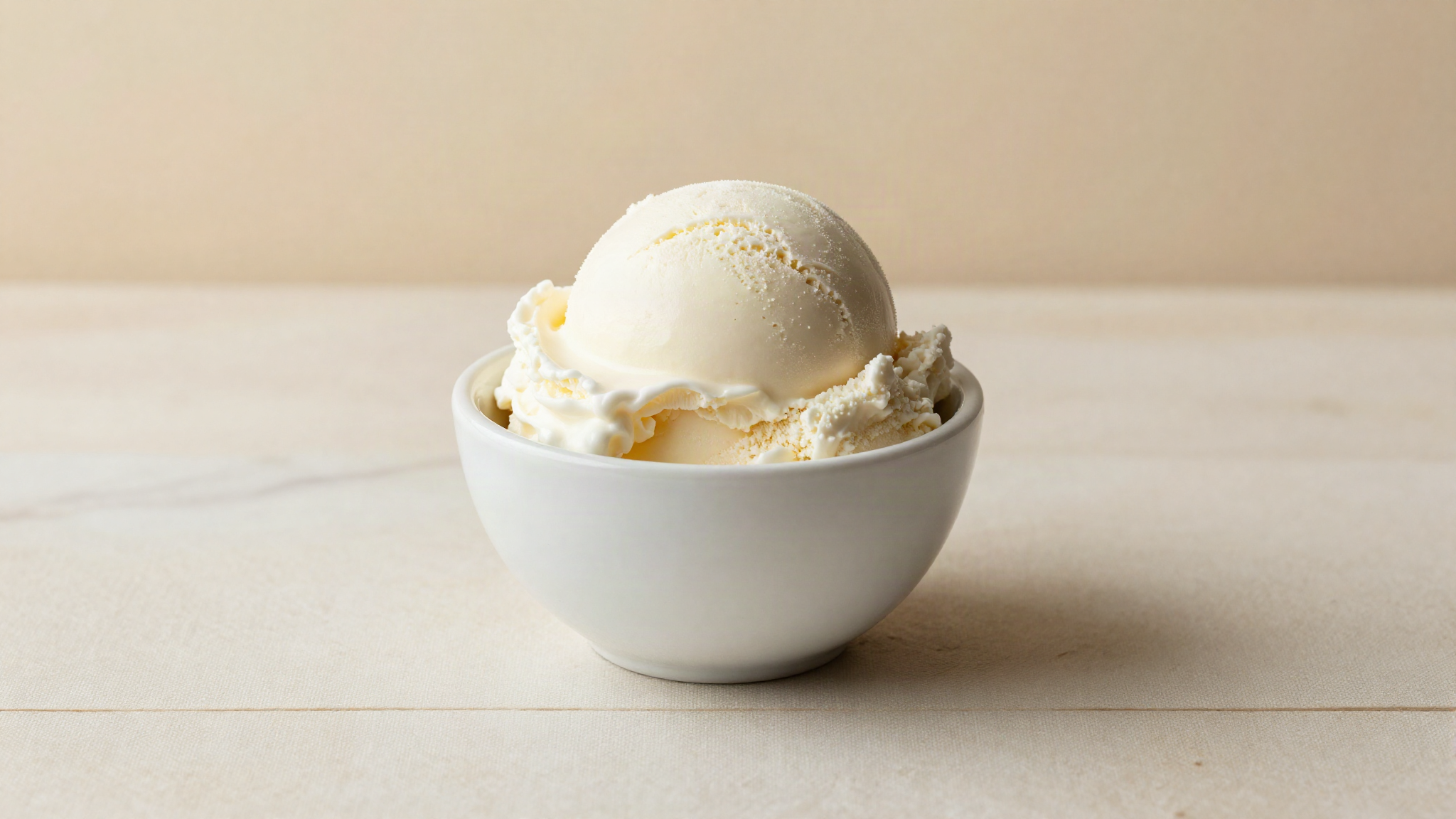 A clean rounded scoop of white fior di latte gelato in a small ceramic cup on marble, smooth and uniform